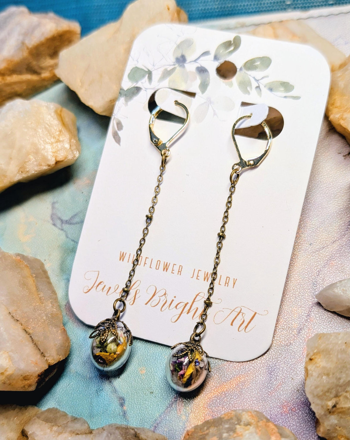 Antique Bronze Handcrafted Floral Earrings with Wildflowers and Quartz, Vintage Earrings, Gold Filled Jewelry