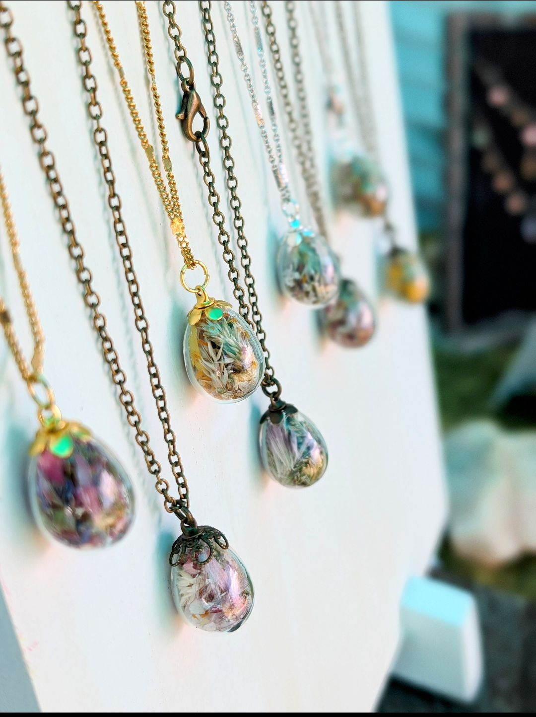 Unique Handcrafted Floral Necklace with Moss, Wildflowers and Quartz