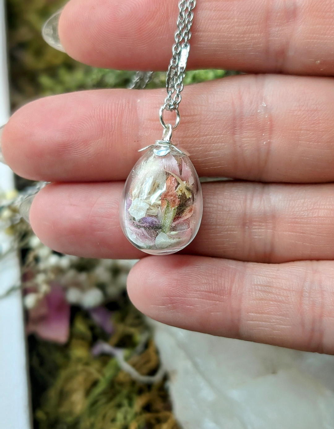Unique Handcrafted Floral Necklace with Pink Wildflowers and Quartz