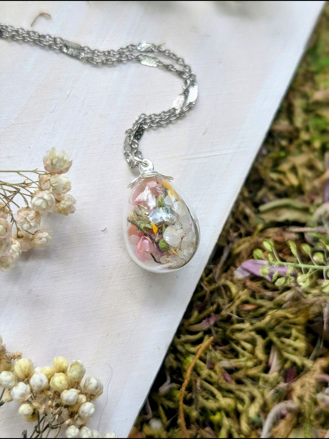 Unique Handcrafted Floral Necklace with Pink Wildflowers and Quartz