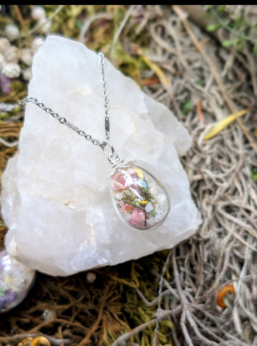 Unique Handcrafted Floral Necklace with Pink Wildflowers and Quartz