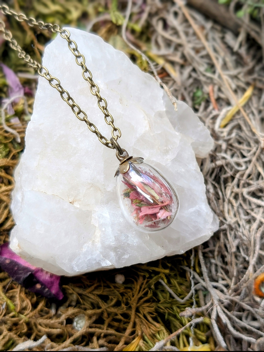 Unique Handcrafted Floral Necklace with Red Indian Paintbrush Wildflowers and Quartz