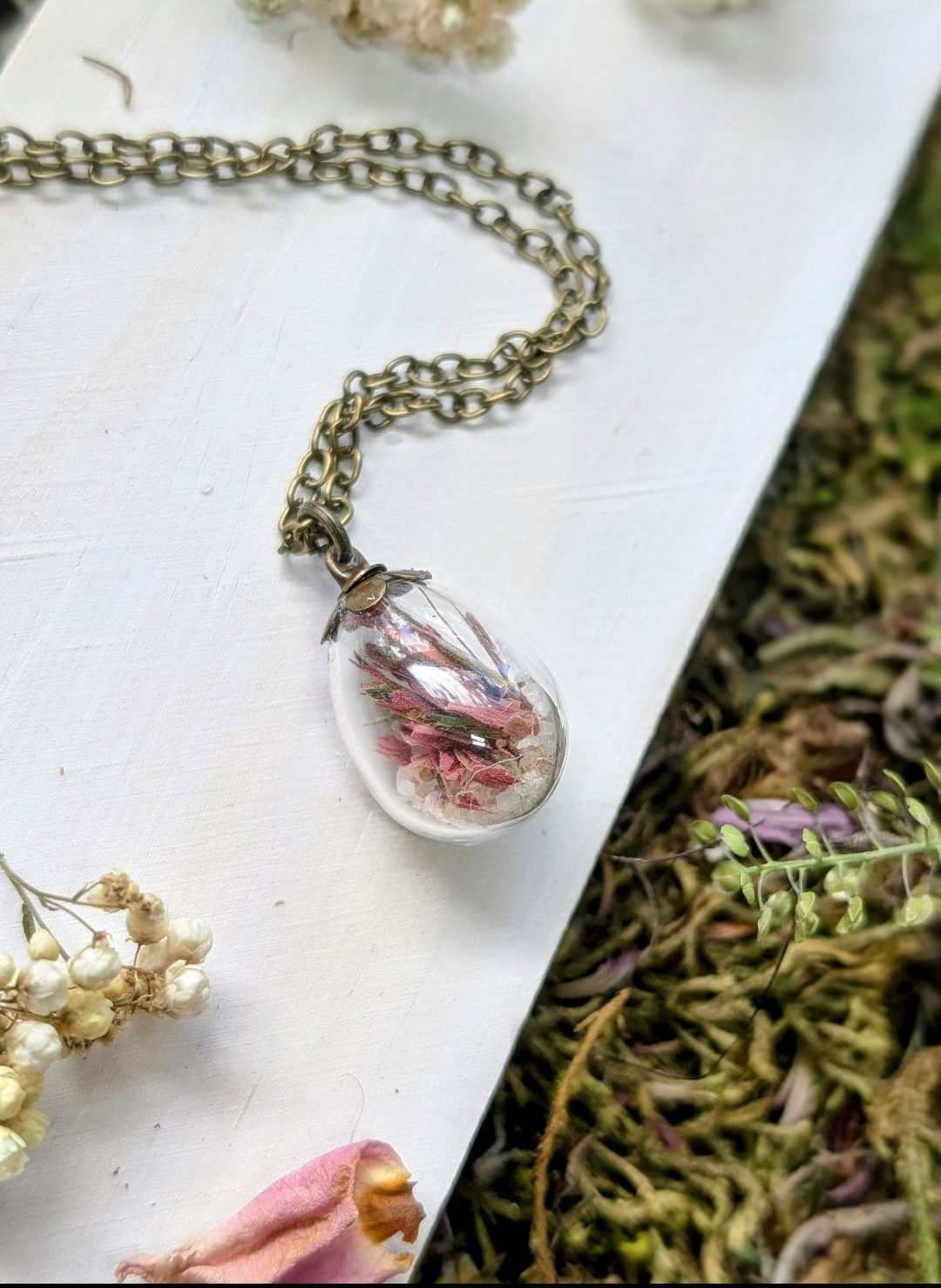 Unique Handcrafted Floral Necklace with Red Indian Paintbrush Wildflowers and Quartz