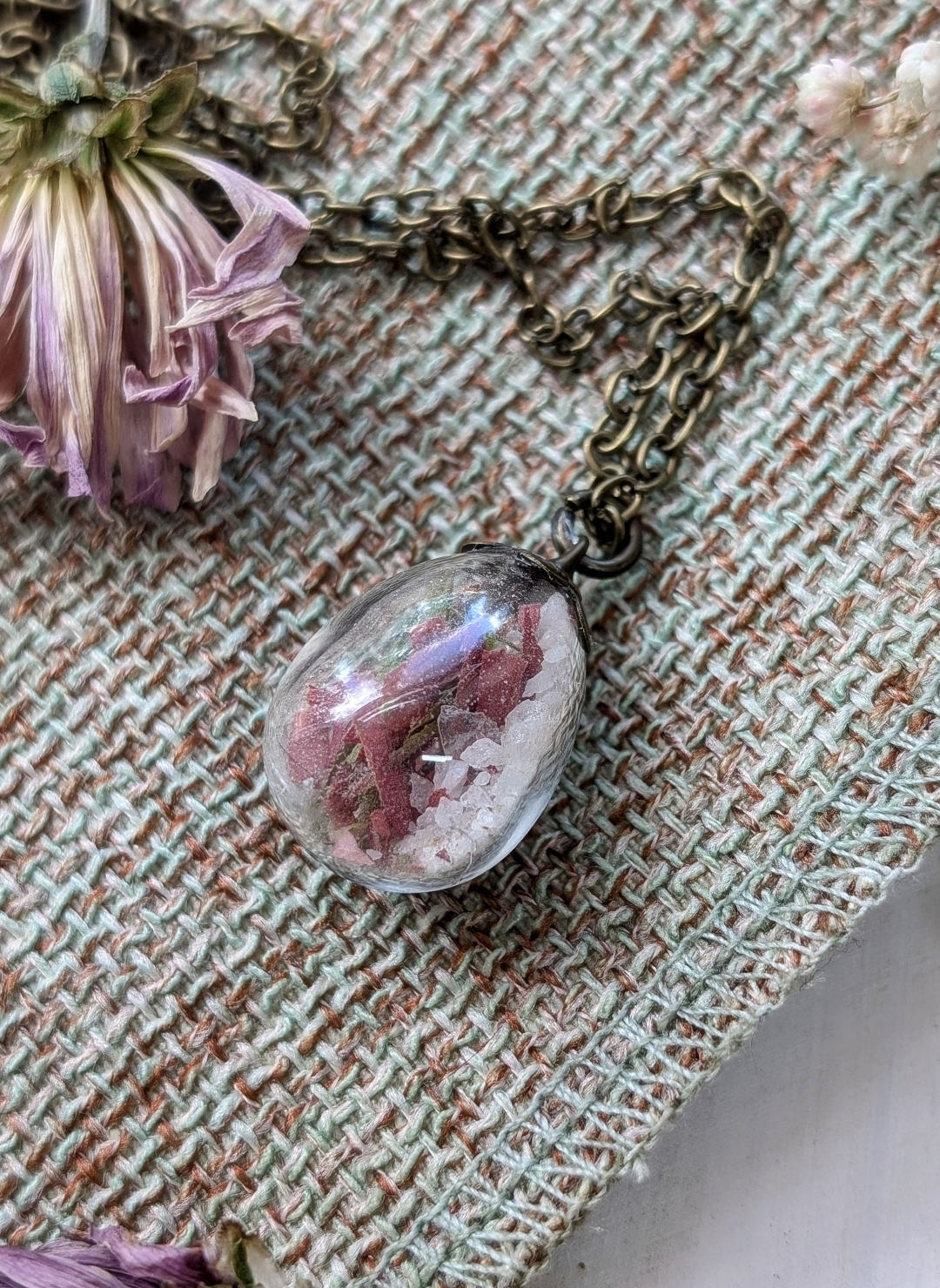 Unique Handcrafted Floral Necklace with Red Indian Paintbrush Wildflowers and Quartz
