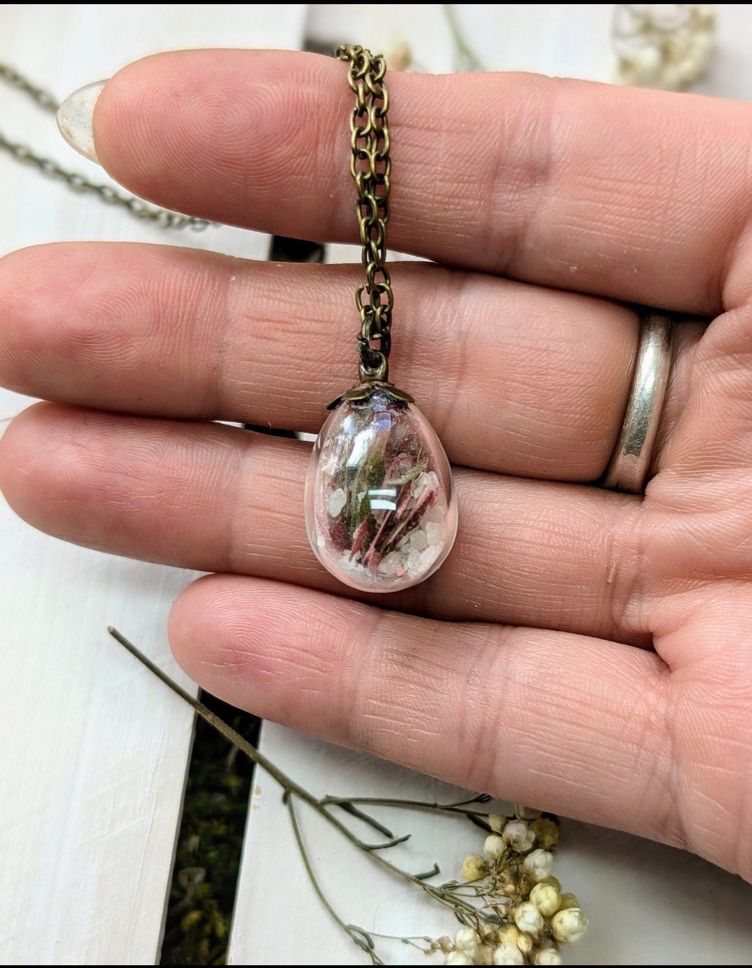Unique Handcrafted Floral Necklace with Red Indian Paintbrush Wildflowers and Quartz