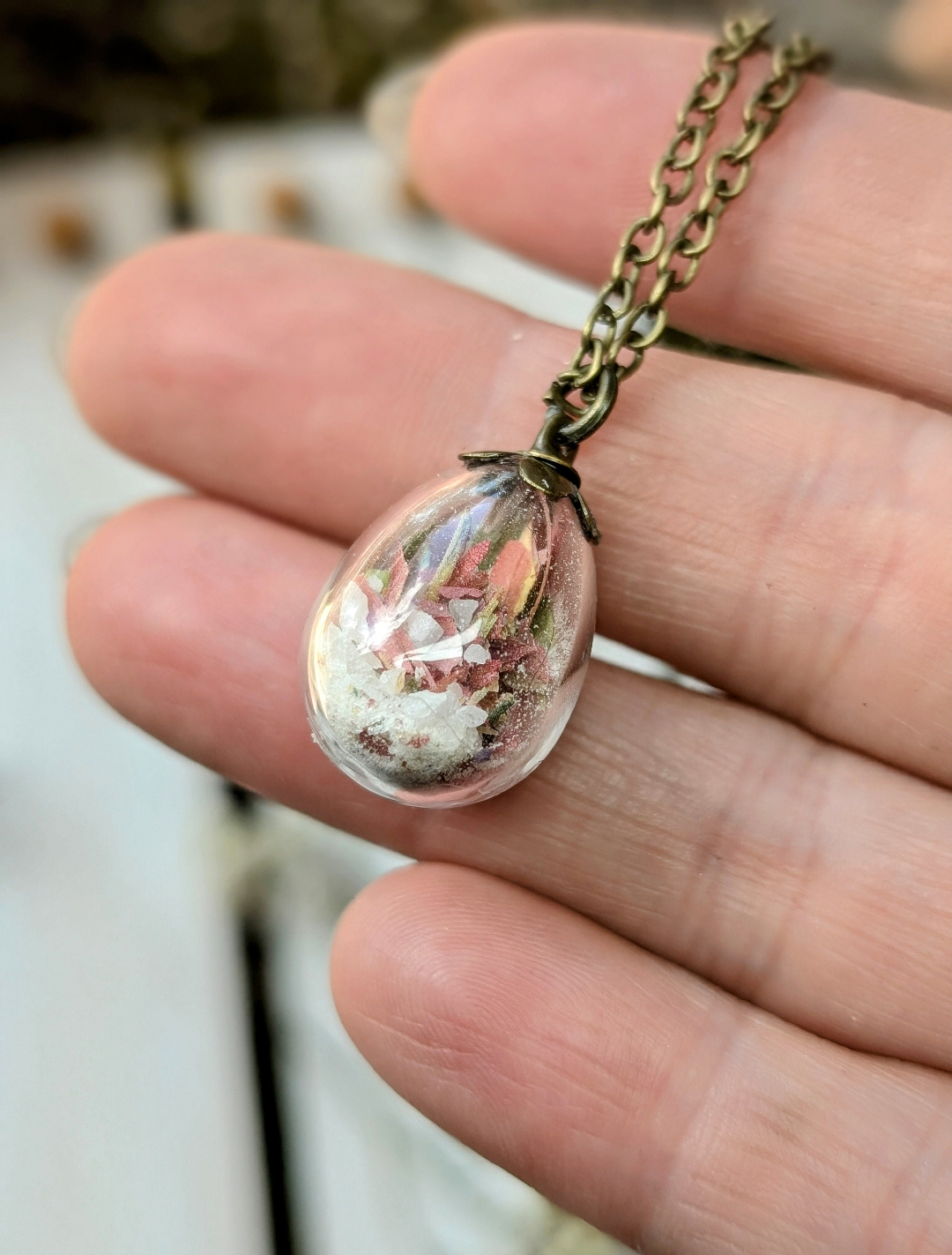 Unique Handcrafted Floral Necklace with Red Indian Paintbrush Wildflowers and Quartz