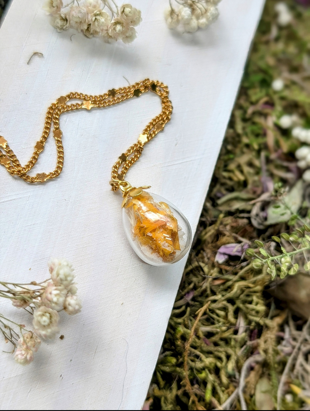 Unique Handcrafted Floral Necklace with Sunflower Wildflowers and Quartz