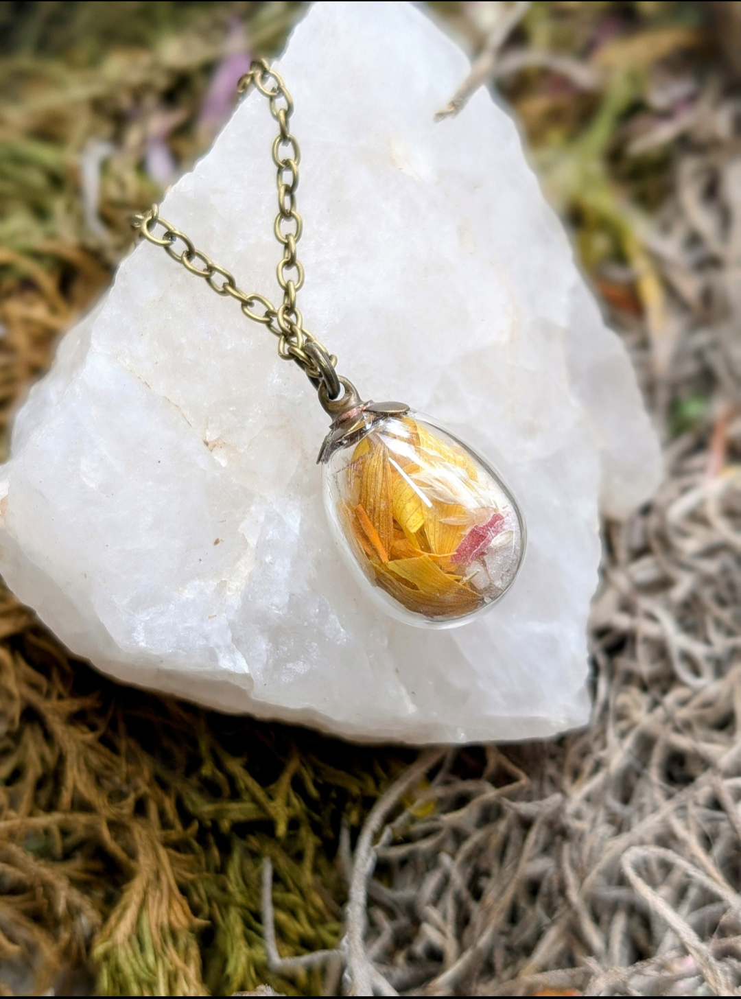 Unique Handcrafted Floral Necklace with Sunflower Wildflowers and Quartz