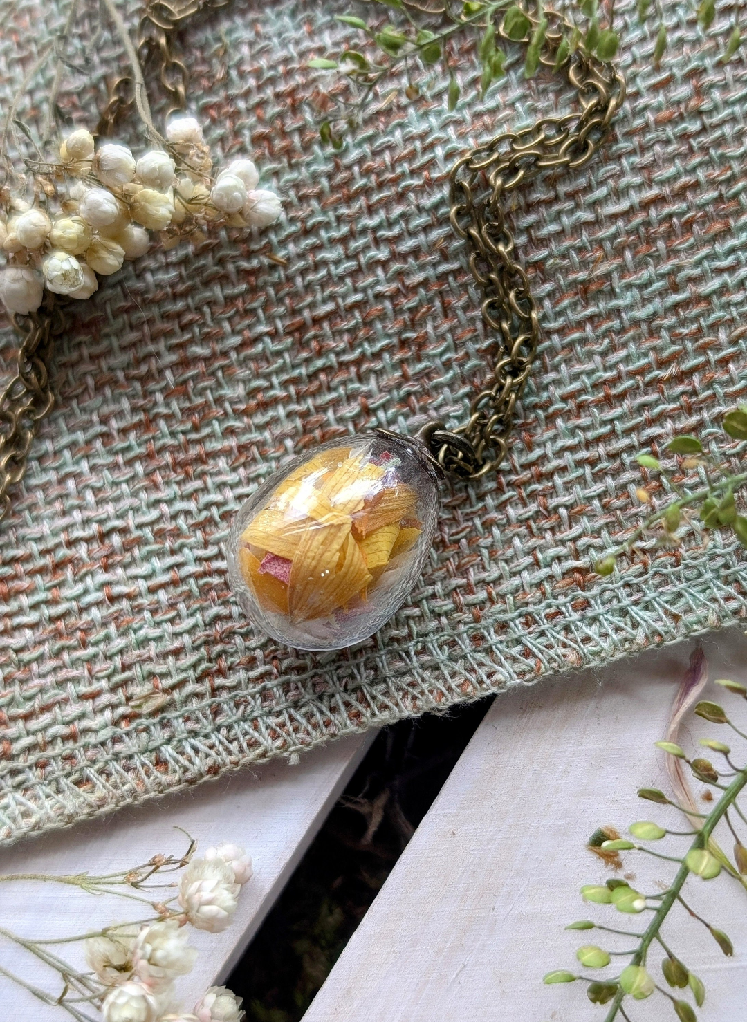 Unique Handcrafted Floral Necklace with Sunflower Wildflowers and Quartz