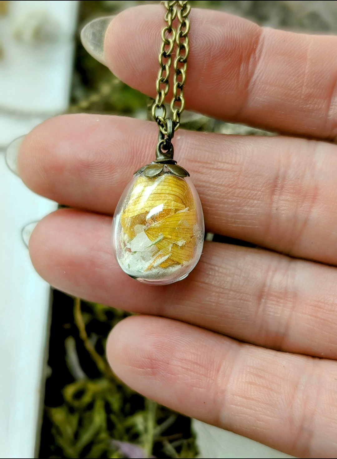 Unique Handcrafted Floral Necklace with Sunflower Wildflowers and Quartz