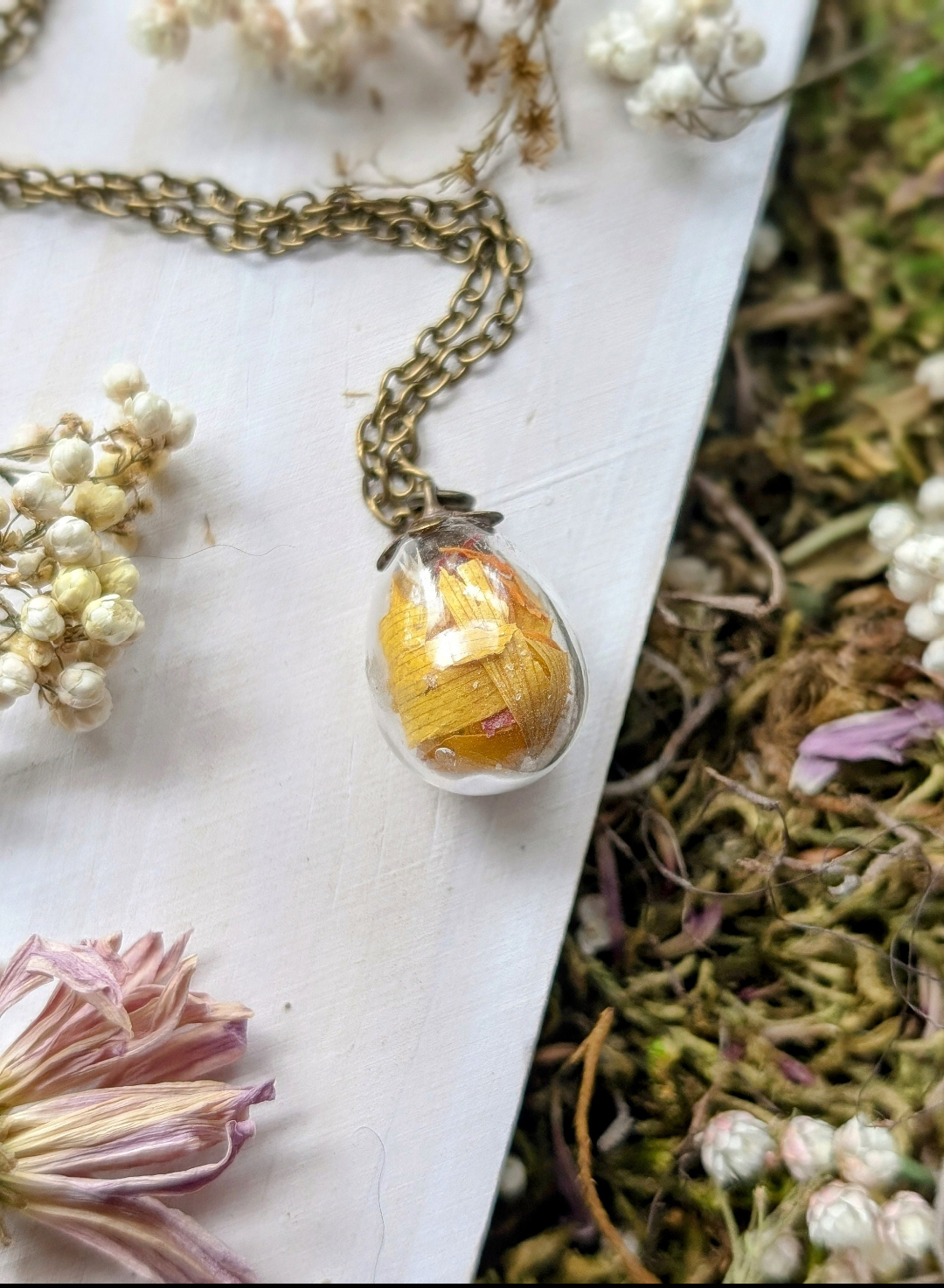 Unique Handcrafted Floral Necklace with Sunflower Wildflowers and Quartz