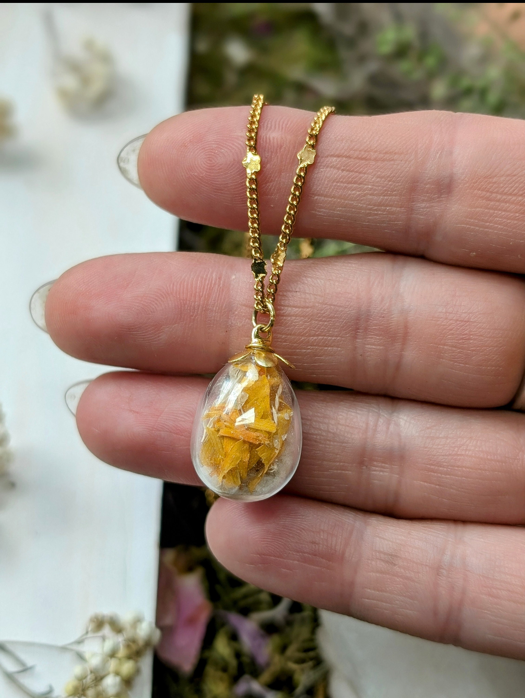 Unique Handcrafted Floral Necklace with Sunflower Wildflowers and Quartz