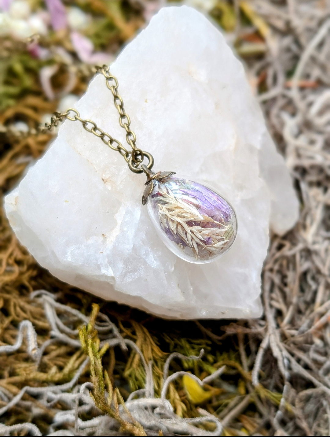 Unique Handcrafted Floral Necklace with Light Colored Wildflowers and Quartz