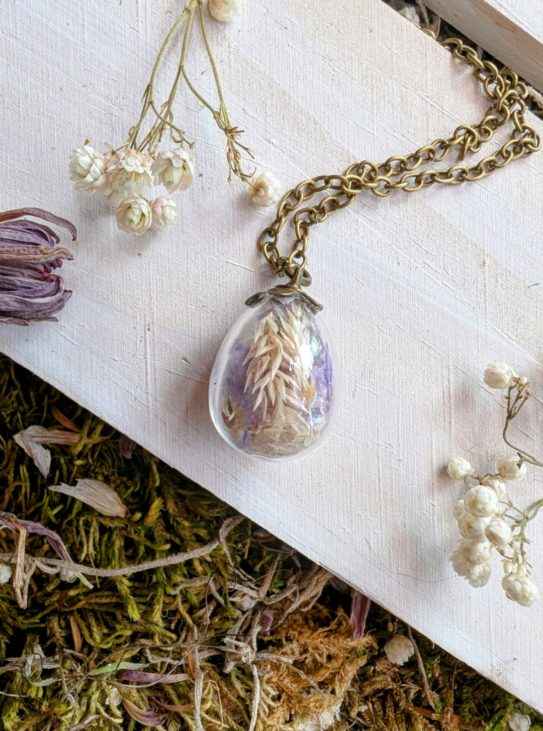 Unique Handcrafted Floral Necklace with Light Colored Wildflowers and Quartz