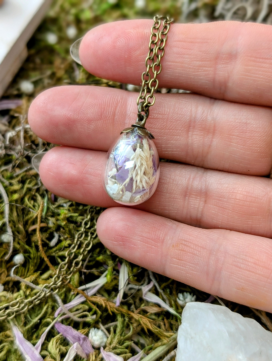Unique Handcrafted Floral Necklace with Light Colored Wildflowers and Quartz