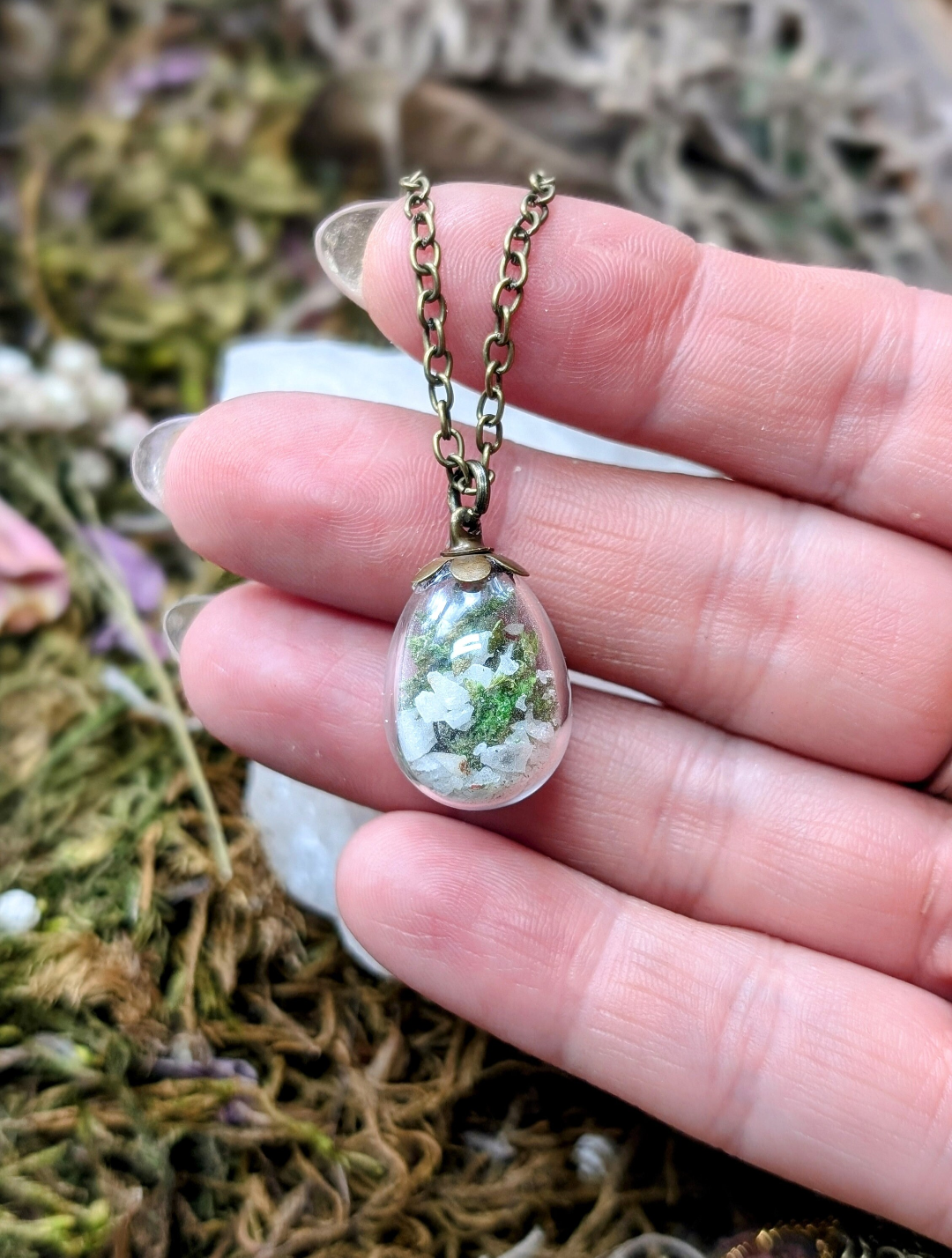 Unique Handcrafted Floral Necklace with Moss, Wildflowers and Quartz