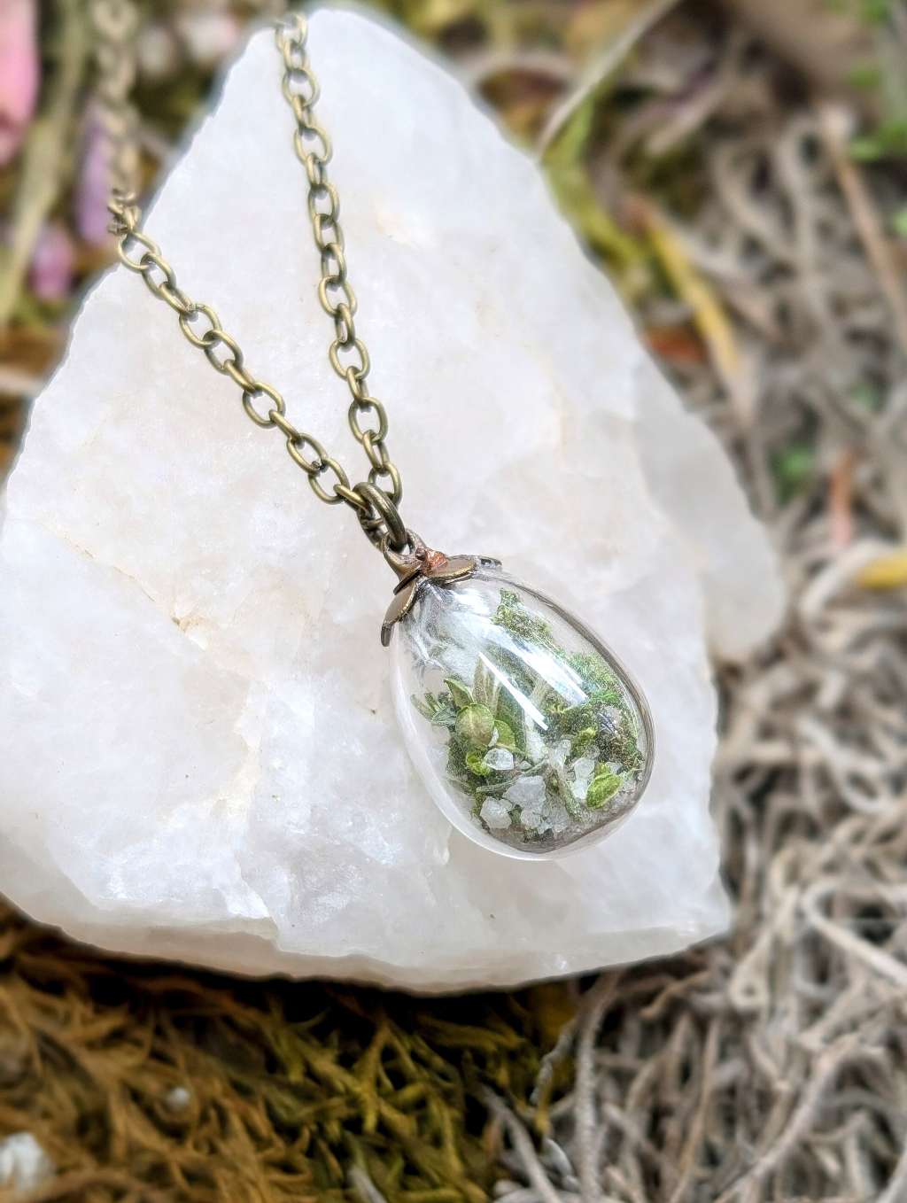 Unique Handcrafted Floral Necklace with Moss, Wildflowers and Quartz