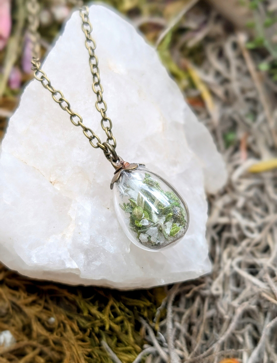 Unique Handcrafted Floral Necklace with Moss, Wildflowers and Quartz