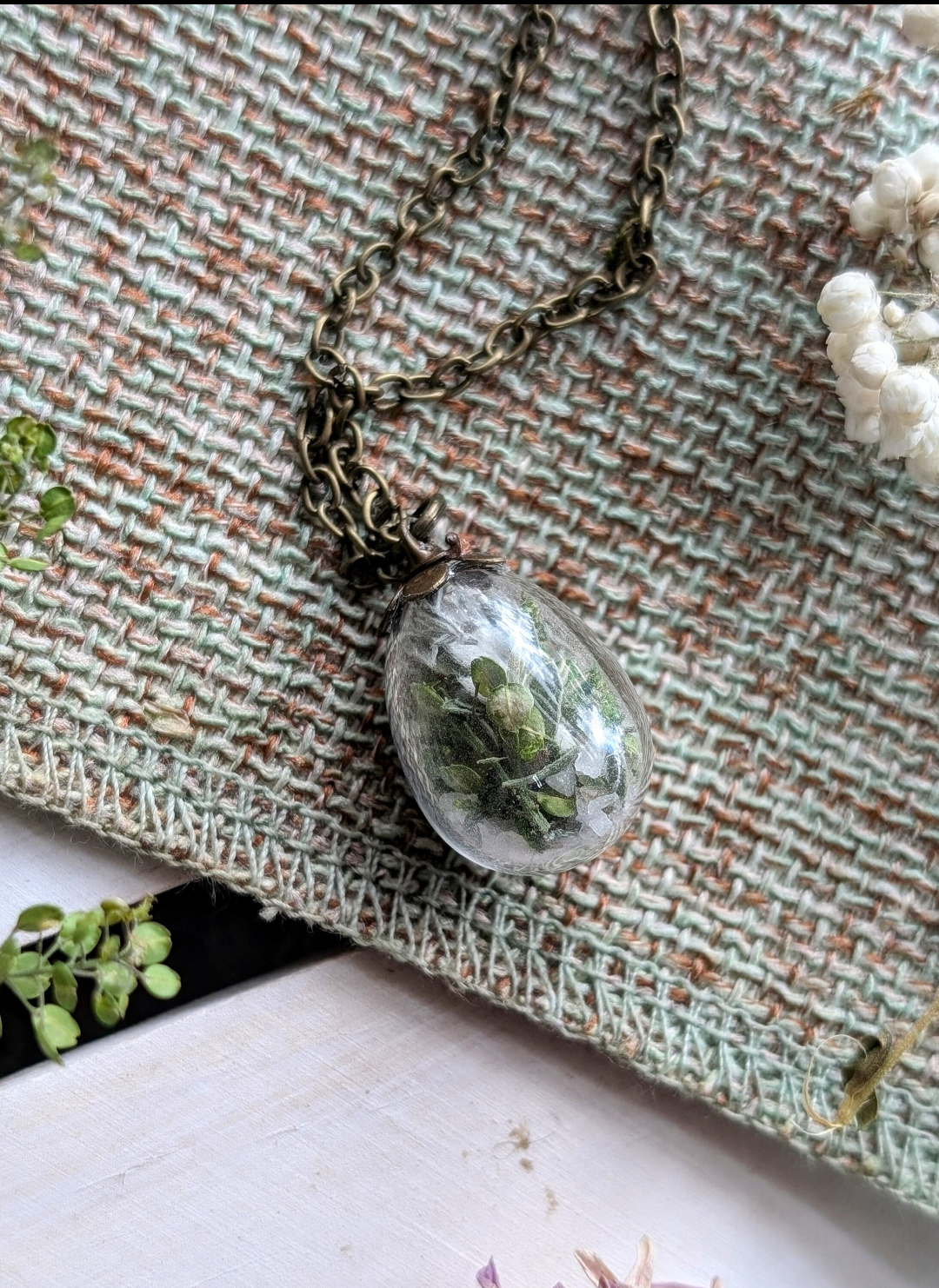 Unique Handcrafted Floral Necklace with Moss, Wildflowers and Quartz