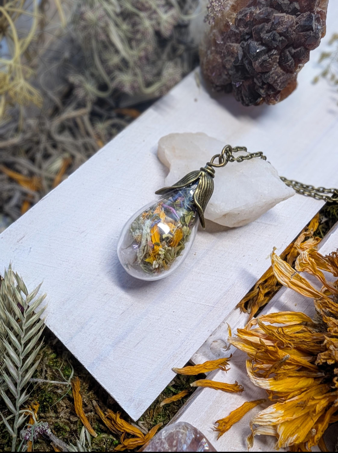 Unique Handcrafted Large Medicine Woman Floral Necklace with Quartz and Colorado Wildflowers