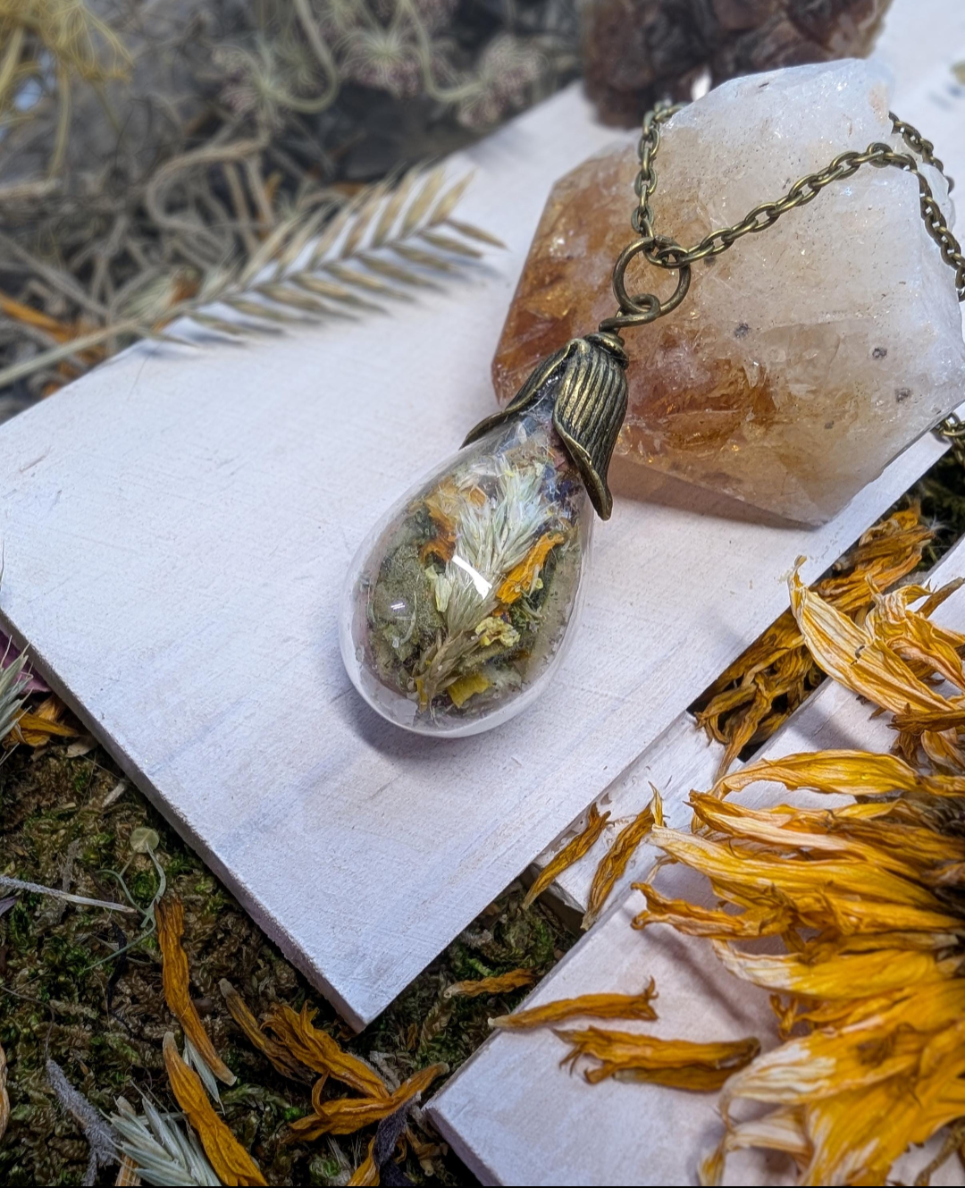 Unique Handcrafted Large Medicine Woman Floral Necklace with Quartz and Colorado Wildflowers