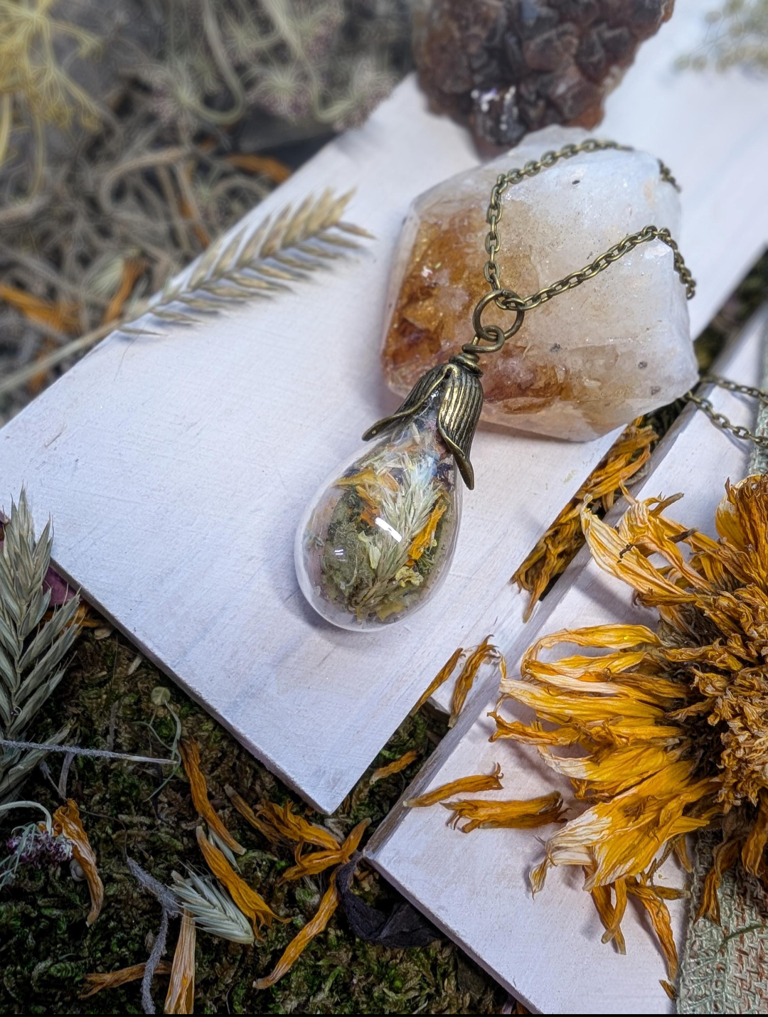 Unique Handcrafted Large Medicine Woman Floral Necklace with Quartz and Colorado Wildflowers