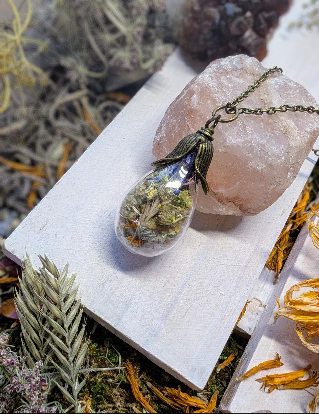Unique Handcrafted Large Medicine Woman Floral Necklace with Quartz and Colorado Wildflowers