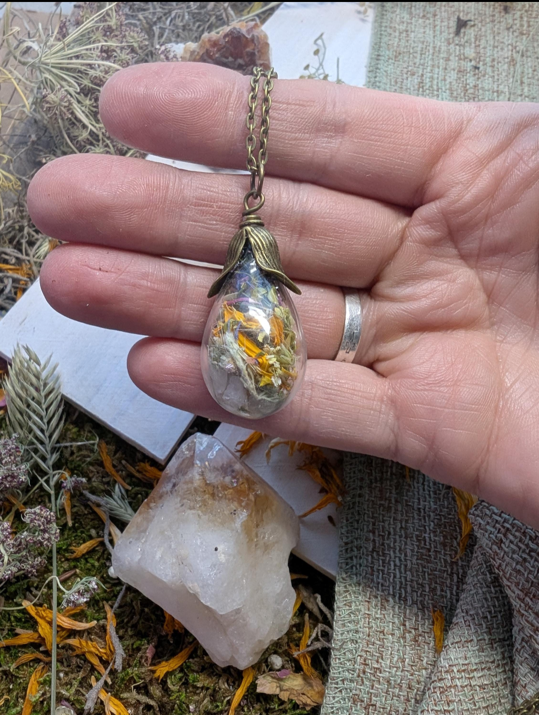 Unique Handcrafted Large Medicine Woman Floral Necklace with Quartz and Colorado Wildflowers