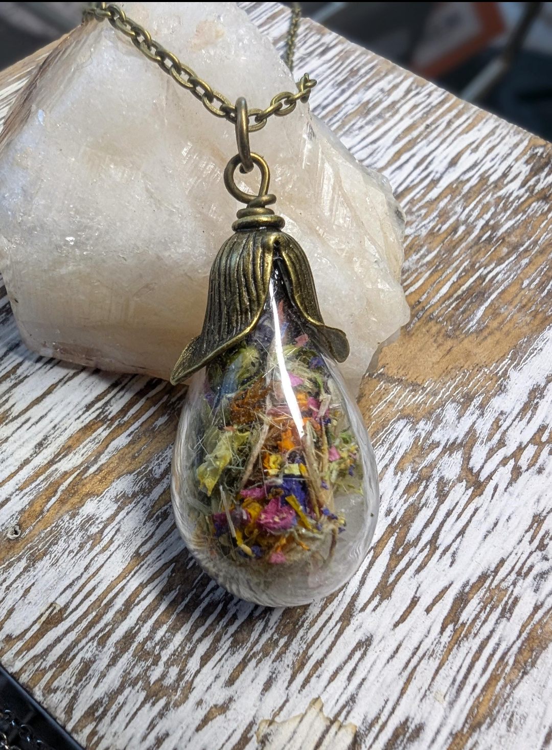 Unique Handcrafted Large Medicine Woman Floral Necklace with Quartz and Colorado Wildflowers