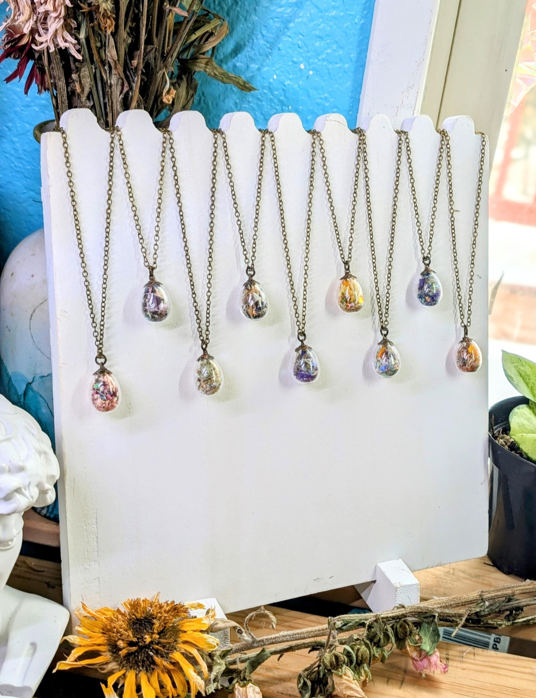 Unique Handcrafted Floral Necklace with Amazonite Crystals and Wildflowers