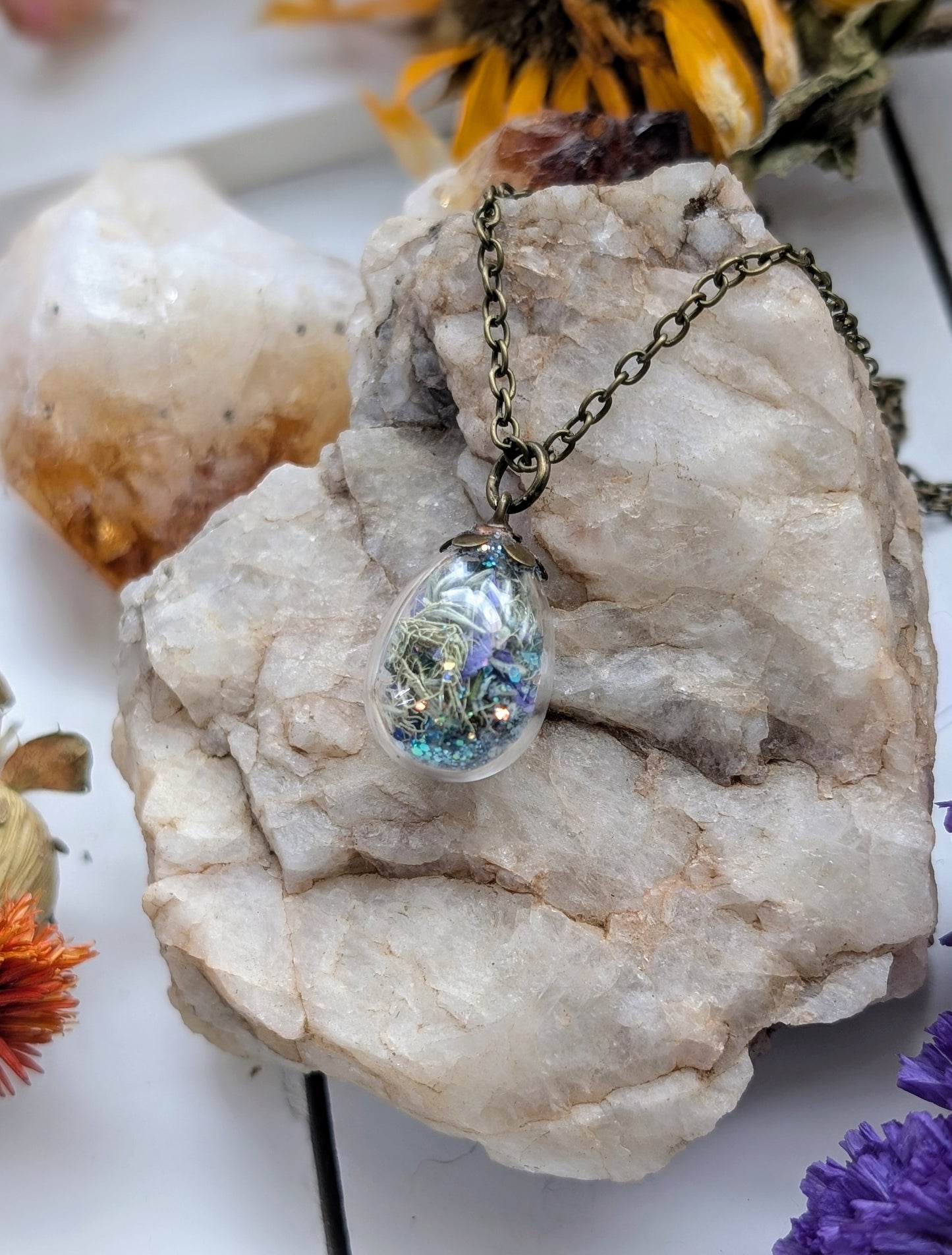 Unique Handcrafted Floral Necklace with Amazonite Crystals and Wildflowers