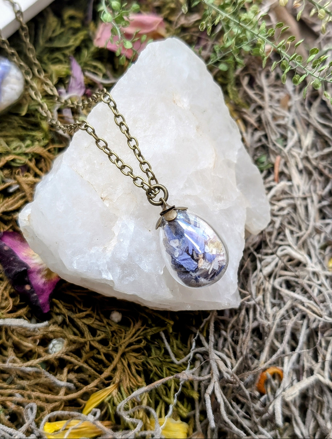 Unique Handcrafted Floral Necklace with Blue and Purple Wildflowers and Quartz