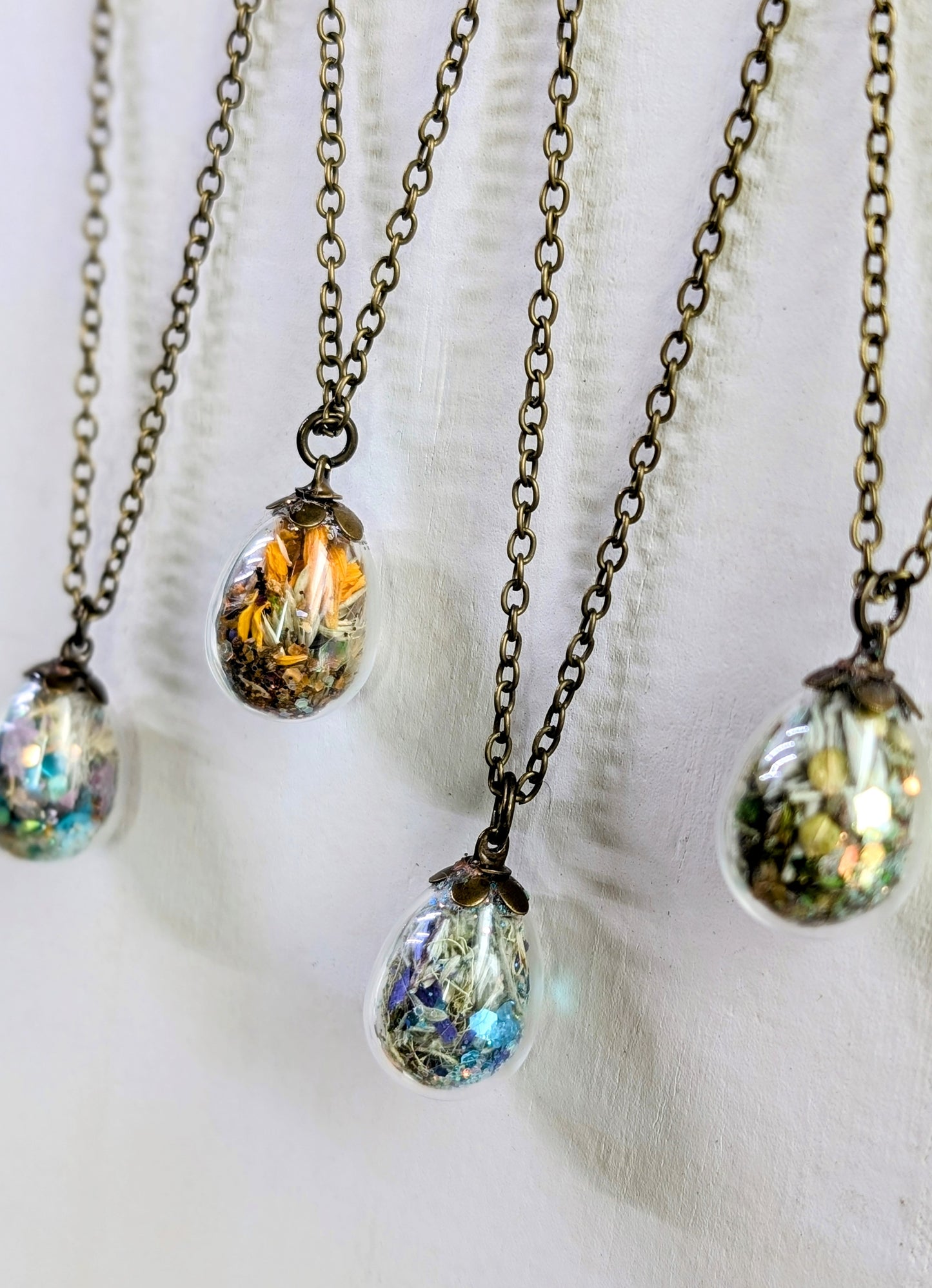 Unique Handcrafted Floral Necklace with Amethyst Crystals and Wildflowers