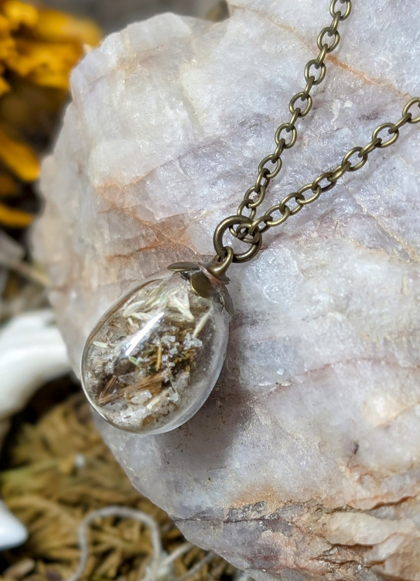 Unique Handcrafted Dark Floral Necklace with Winter Wildflowers and Quartz or Black Tourmaline