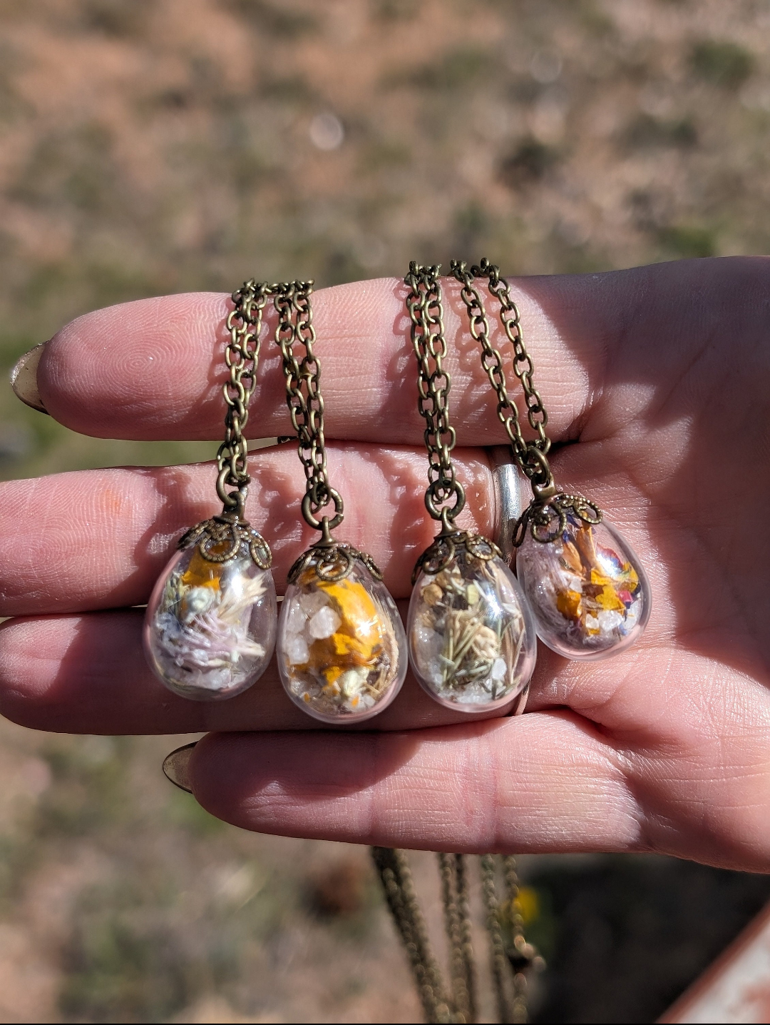 Unique Handcrafted Floral Necklace with Blue and Purple Wildflowers and Quartz