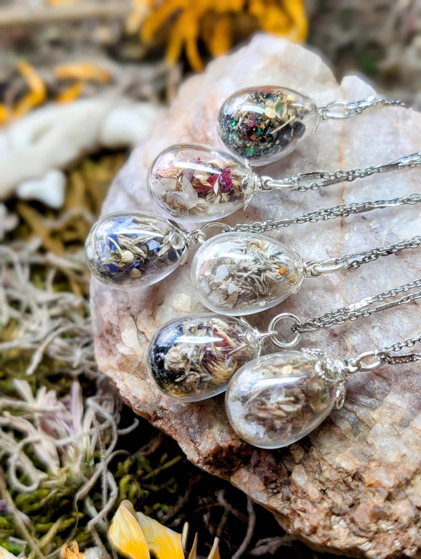Unique Handcrafted Dark Floral Necklace with Winter Wildflowers and Quartz or Black Tourmaline