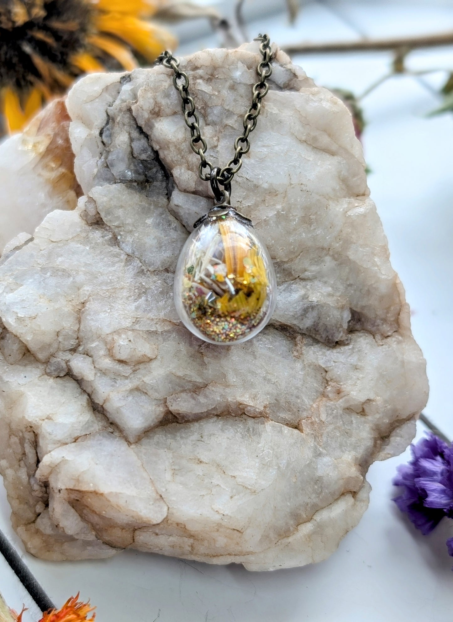 Unique Handcrafted Floral Necklace with Citrine Crystals and Wildflowers