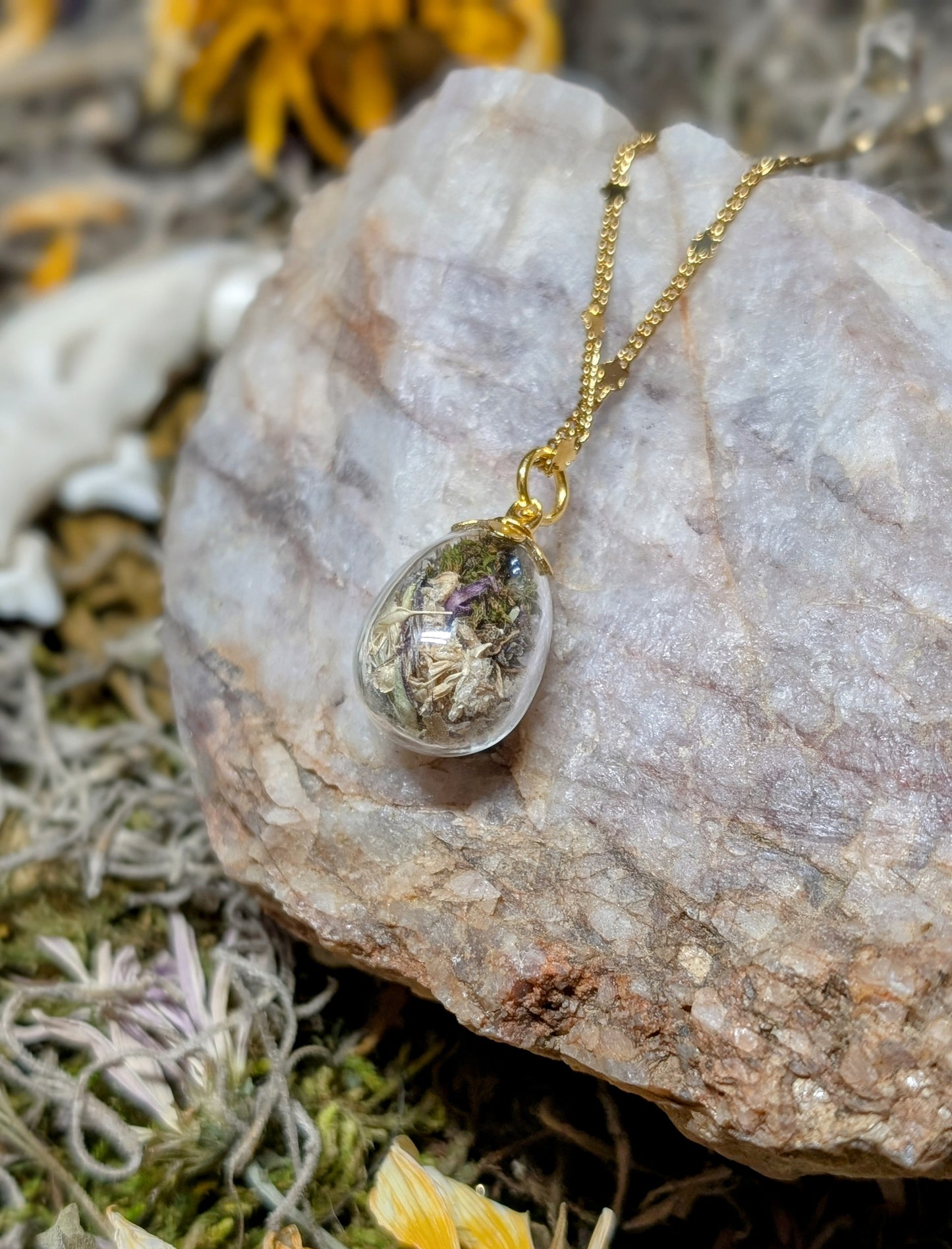Unique Handcrafted Dark Floral Necklace with Winter Wildflowers and Quartz or Black Tourmaline