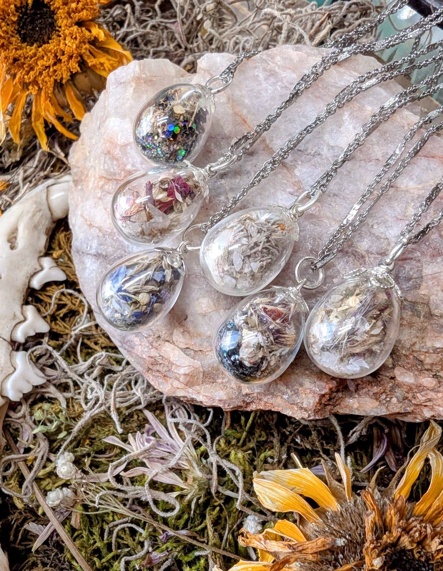 Unique Handcrafted Dark Floral Necklace with Winter Wildflowers and Quartz or Black Tourmaline