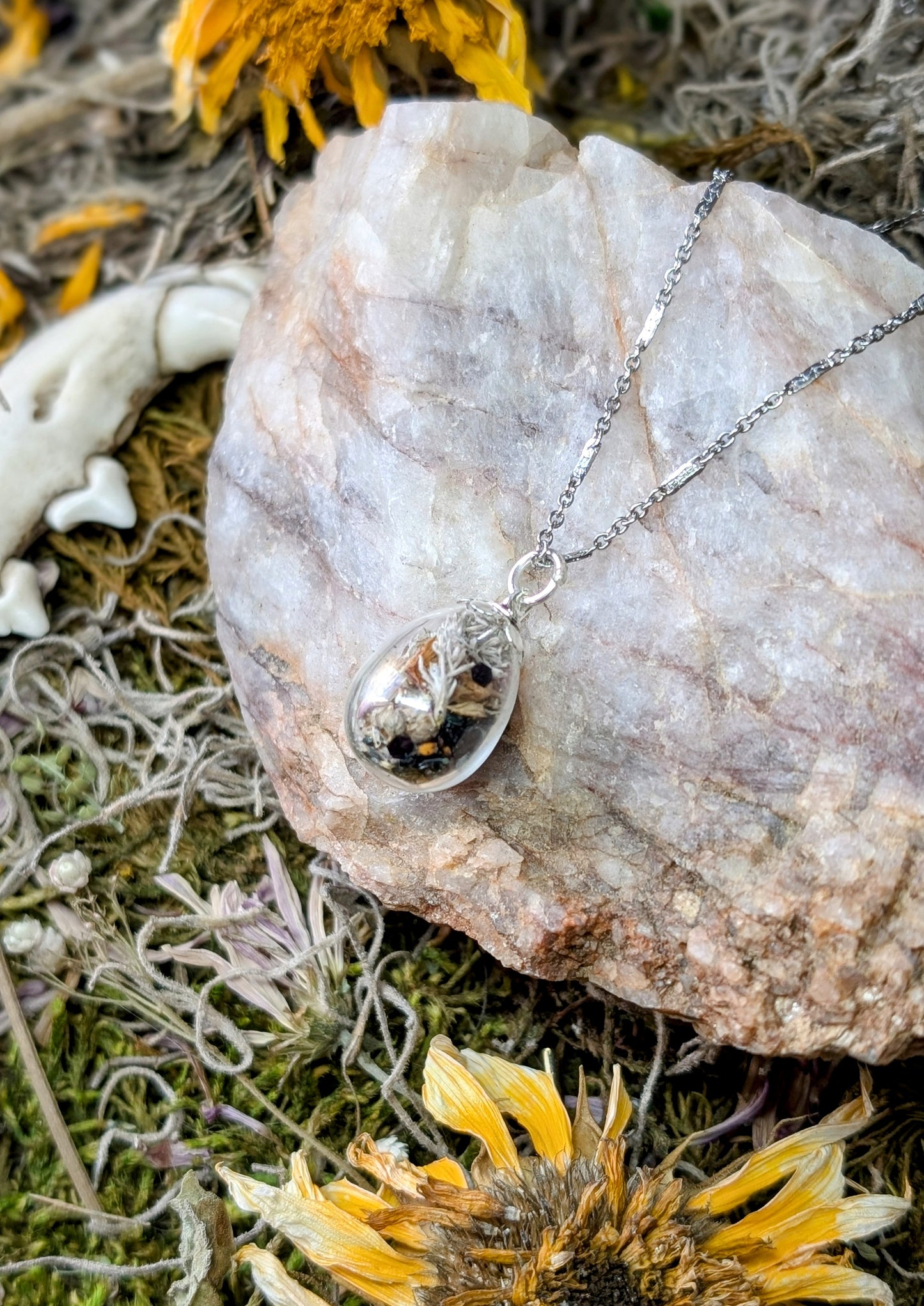 Unique Handcrafted Dark Floral Necklace with Winter Wildflowers and Quartz or Black Tourmaline