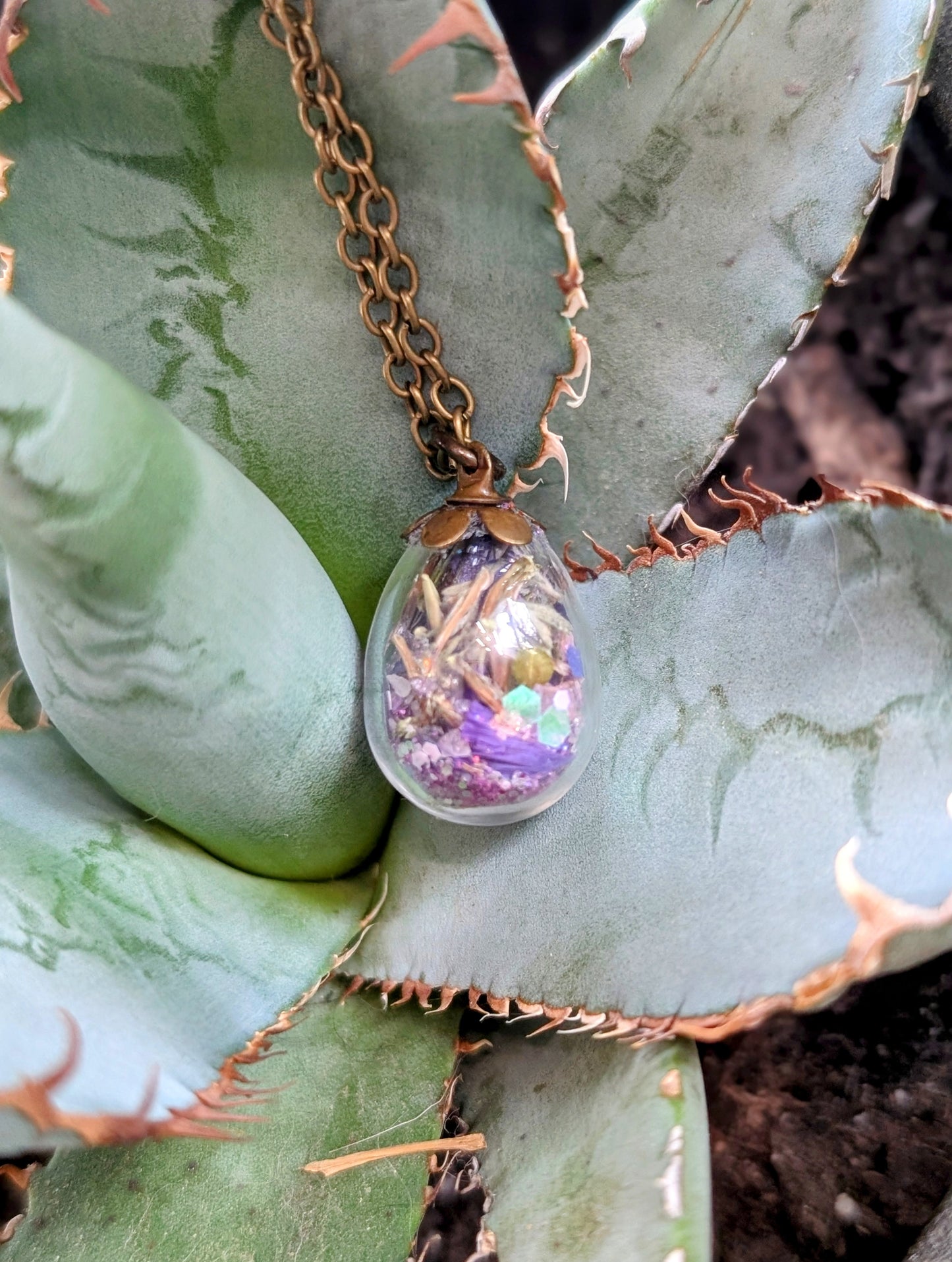 Unique Handcrafted Floral Necklace with Amethyst Crystals and Wildflowers