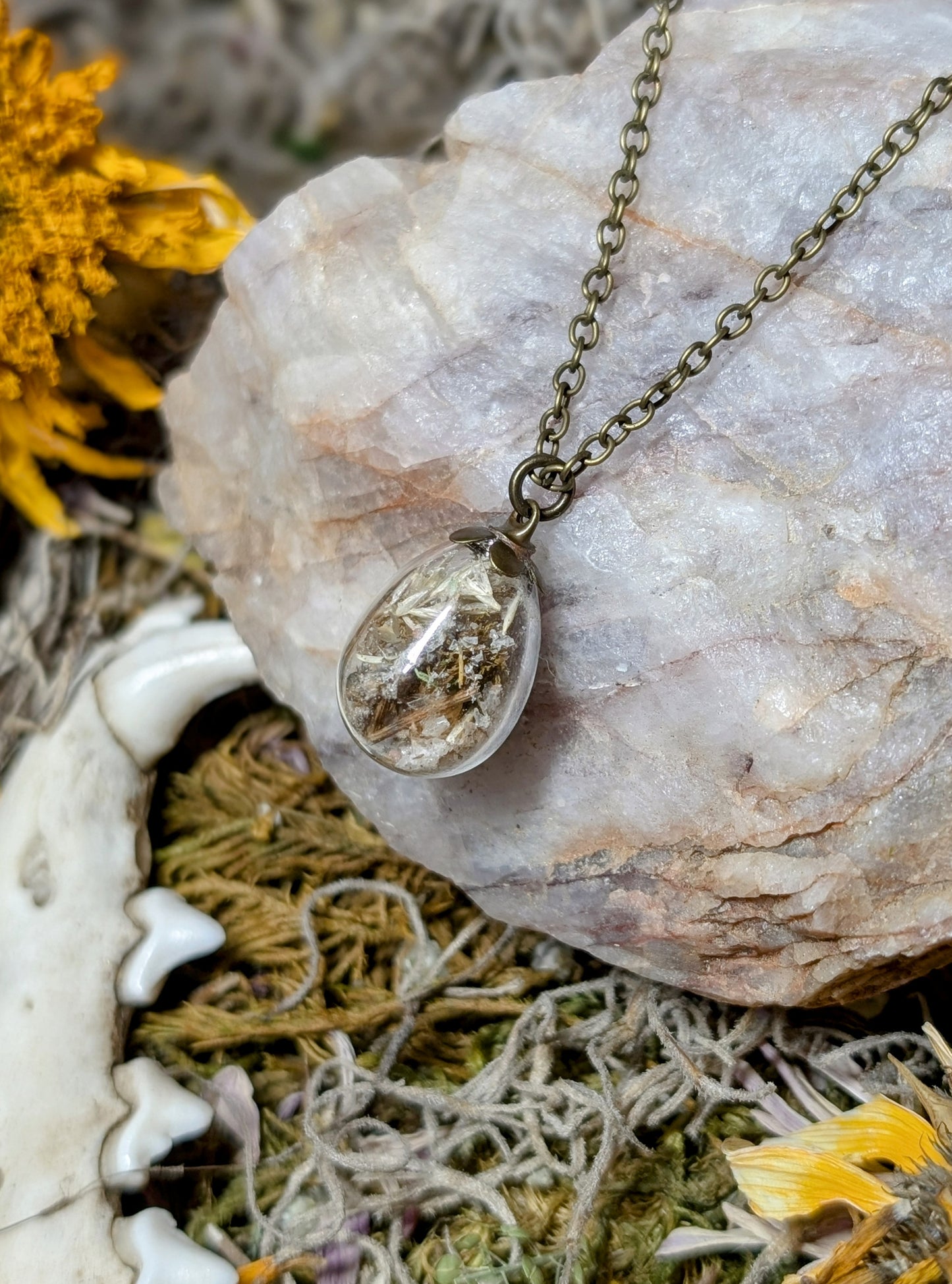 Unique Handcrafted Dark Floral Necklace with Winter Wildflowers and Quartz or Black Tourmaline