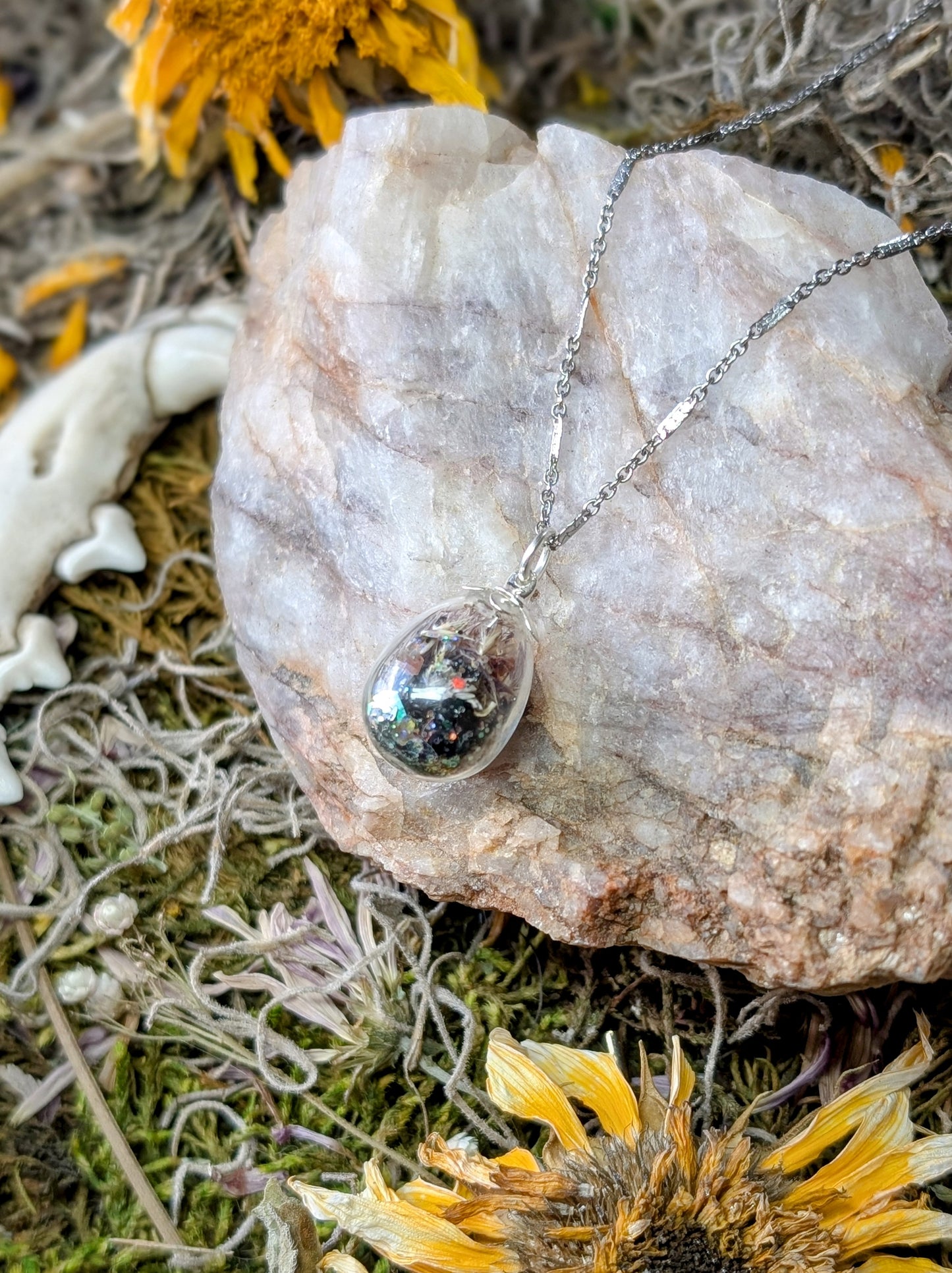 Unique Handcrafted Dark Floral Necklace with Winter Wildflowers and Quartz or Black Tourmaline