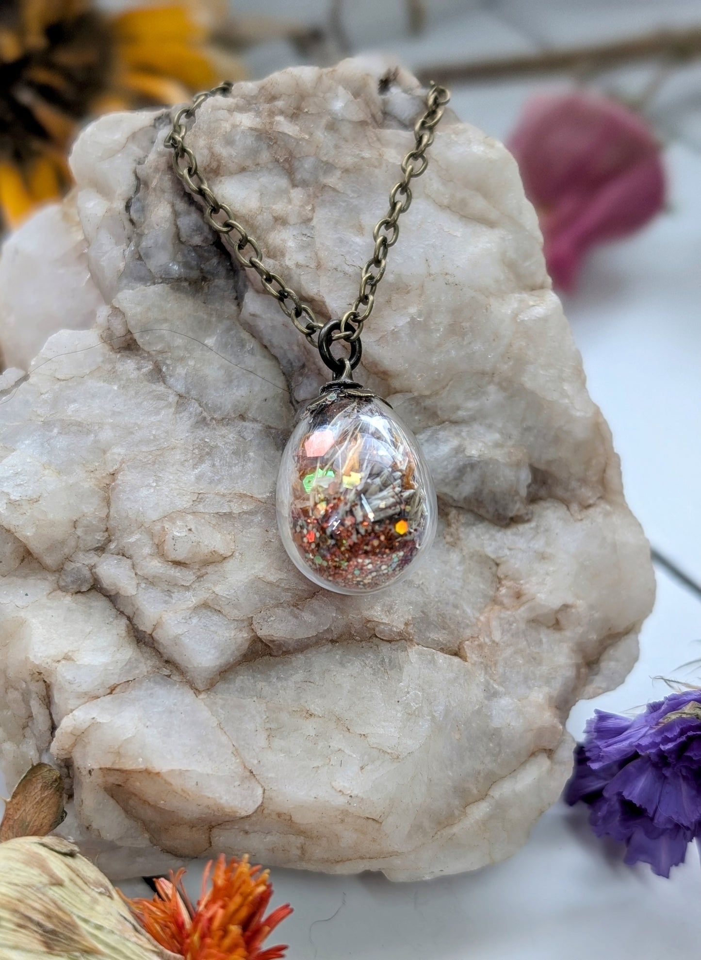 Unique Handcrafted Floral Necklace with Carnelian Crystals and Wildflowers