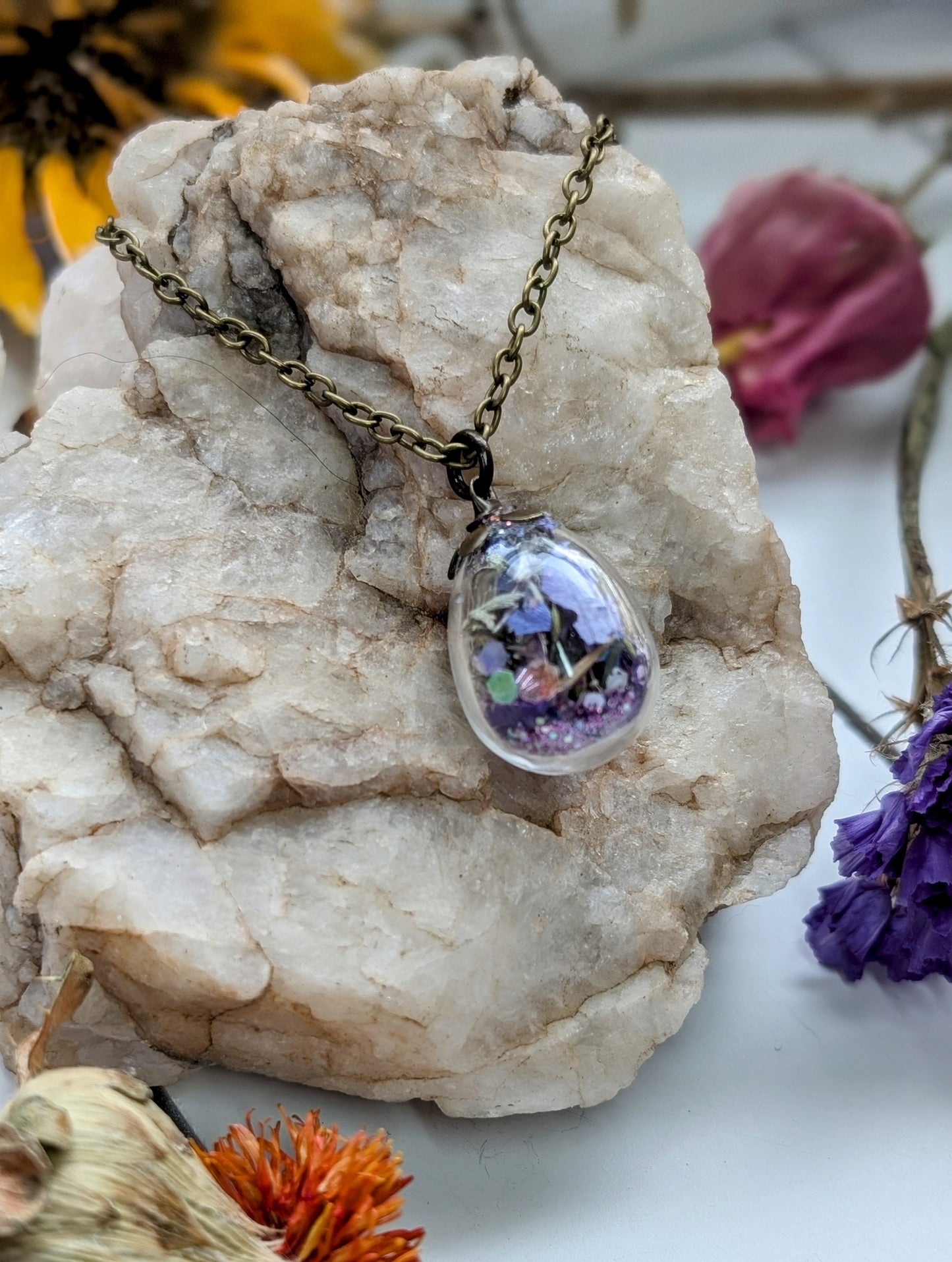 Unique Handcrafted Floral Necklace with Amethyst Crystals and Wildflowers
