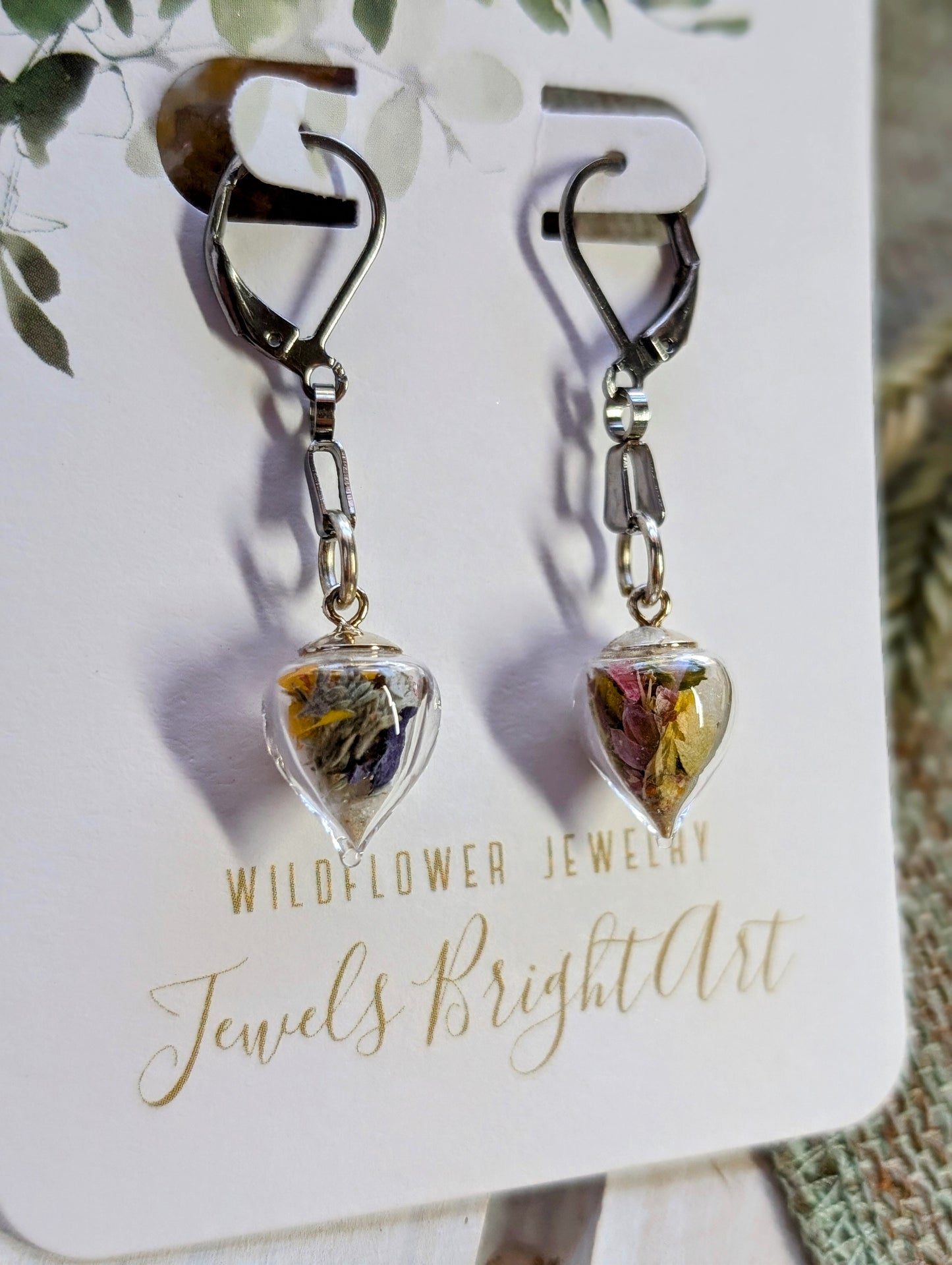 Unique Handcrafted Floral Earrings with Wildflowers and Quartz