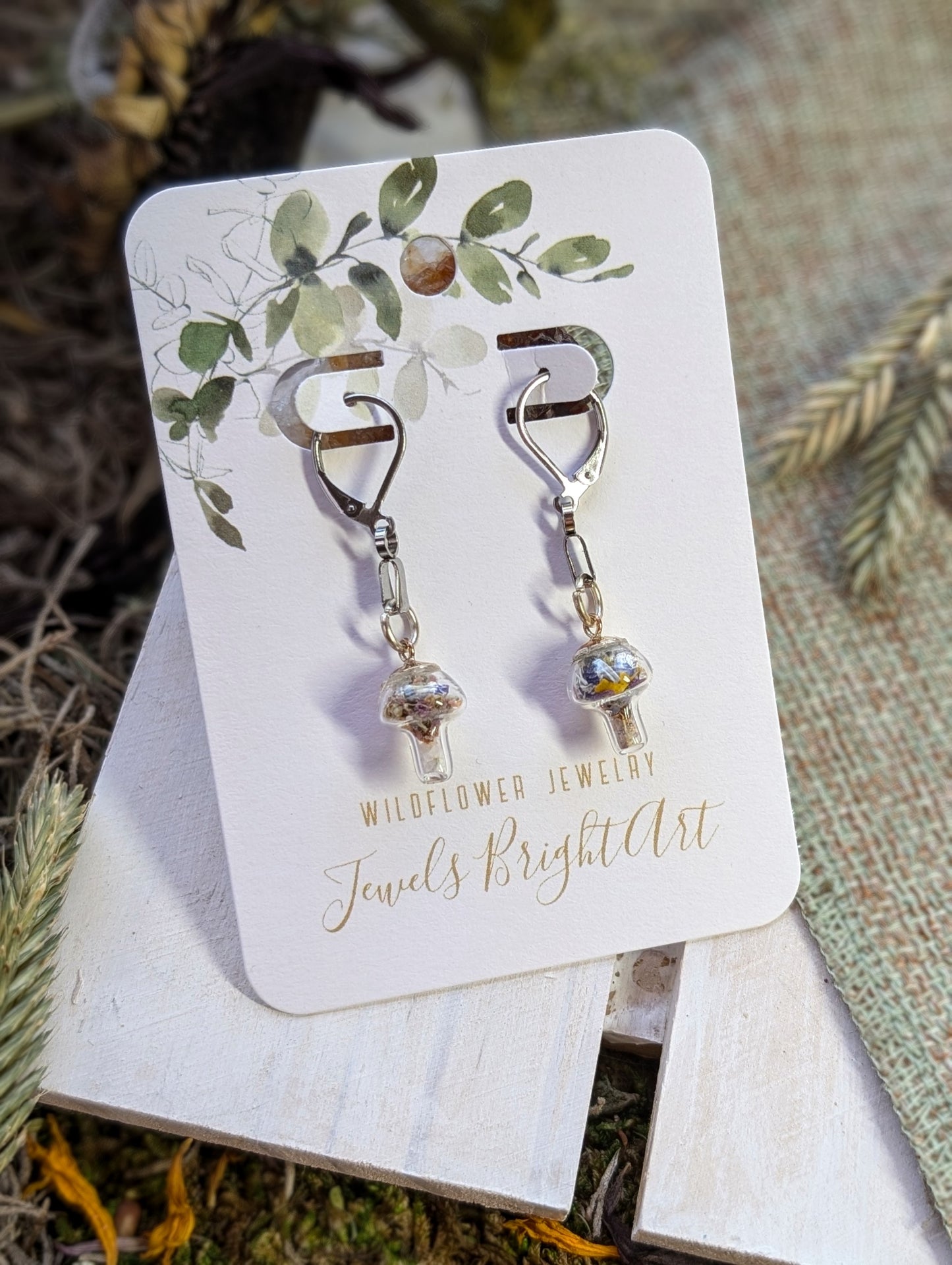 Mushroom Unique Handcrafted Floral Earrings with Wildflowers and Quartz