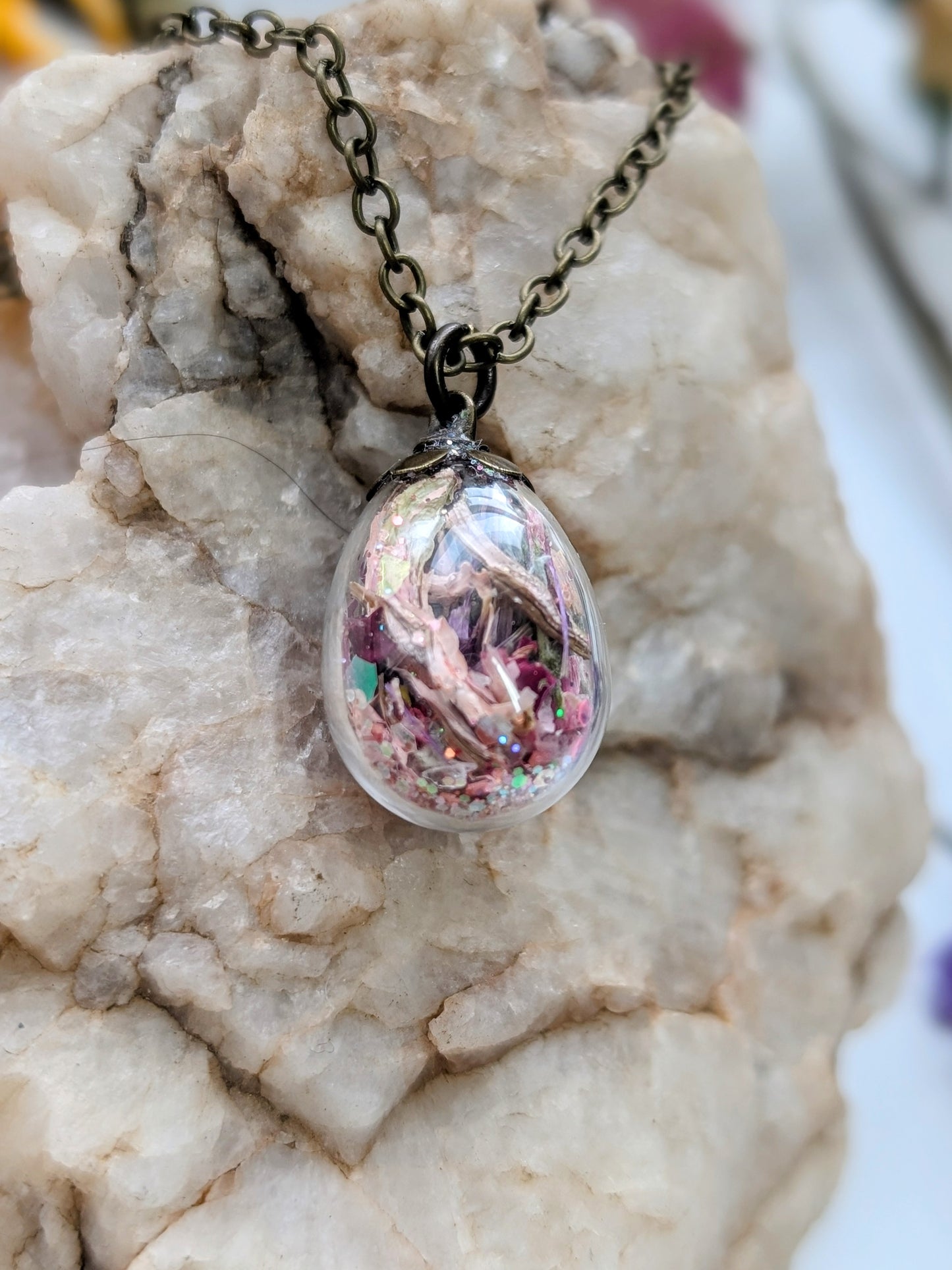 Unique Handcrafted Floral Necklace with Rose Quartz Crystals and Wildflowers