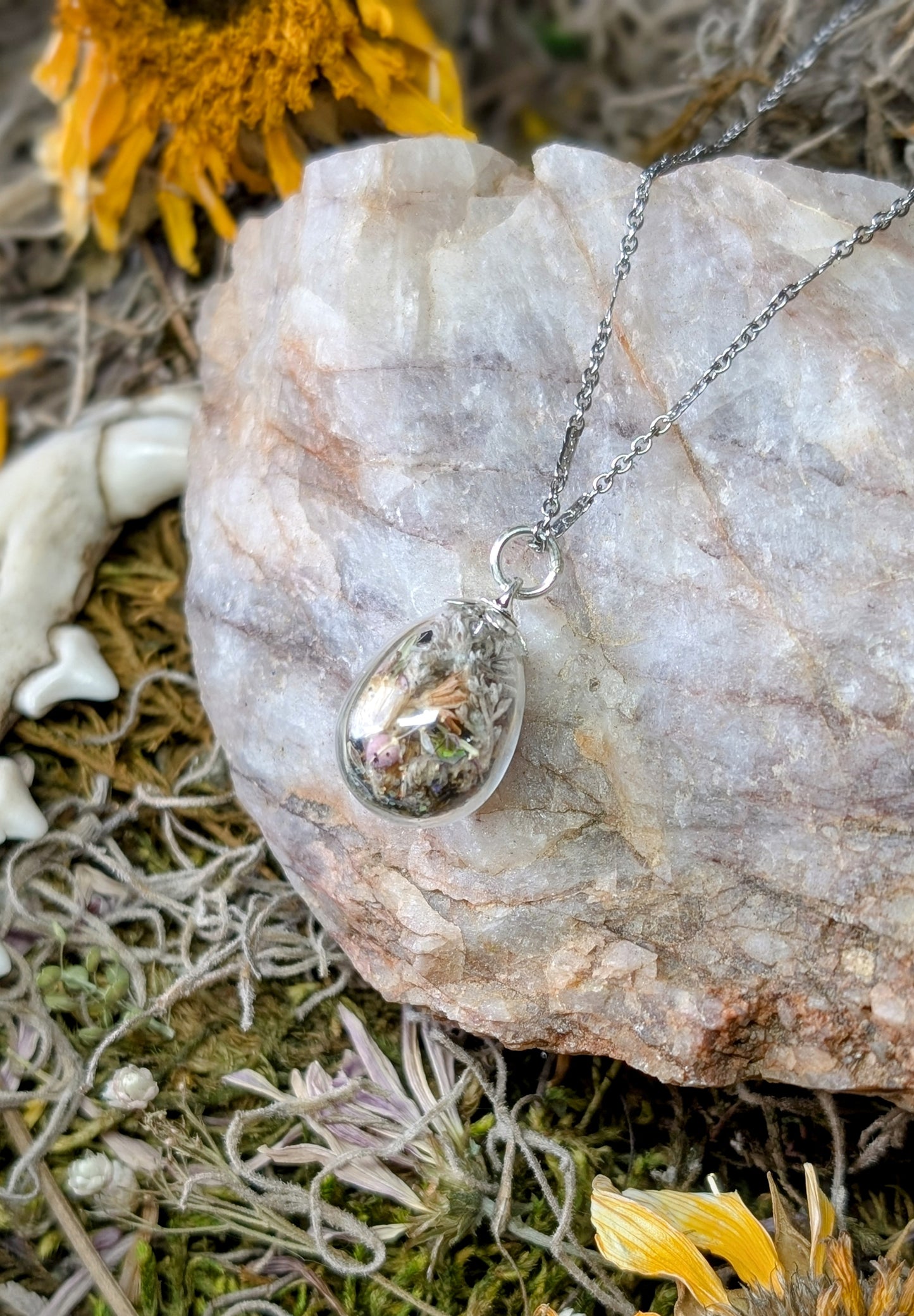 Unique Handcrafted Dark Floral Necklace with Winter Wildflowers and Quartz or Black Tourmaline