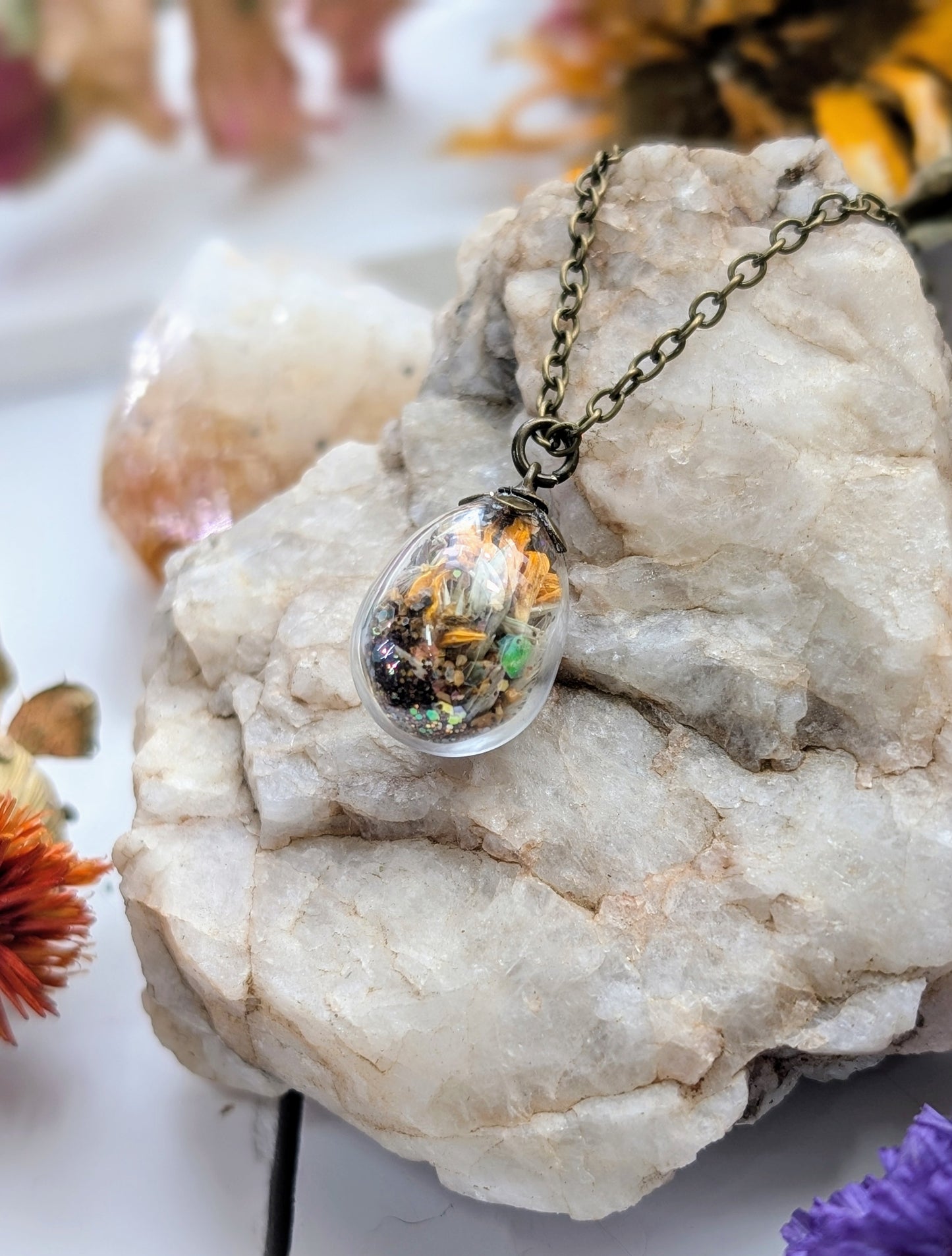Unique Handcrafted Floral Necklace with Tigers Eye Crystals and Wildflowers